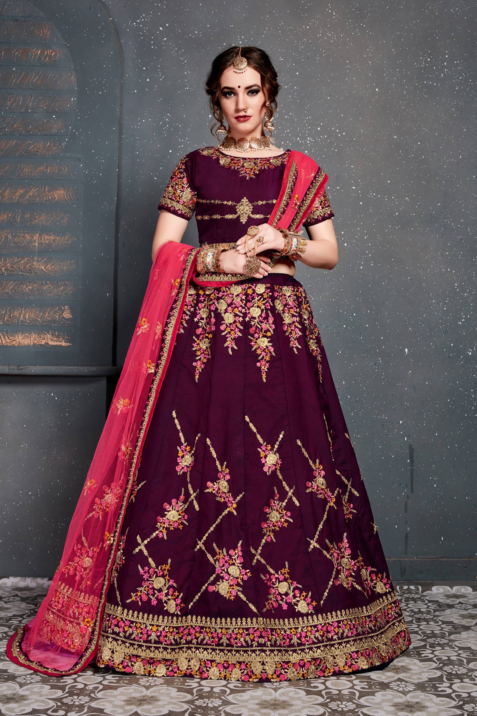 Elegant Purple Lehenga Choli: Thread, Dori, Zari Embroidery with Diamond Work on Tafeta Satin Silk - Perfect for Parties and Weddings