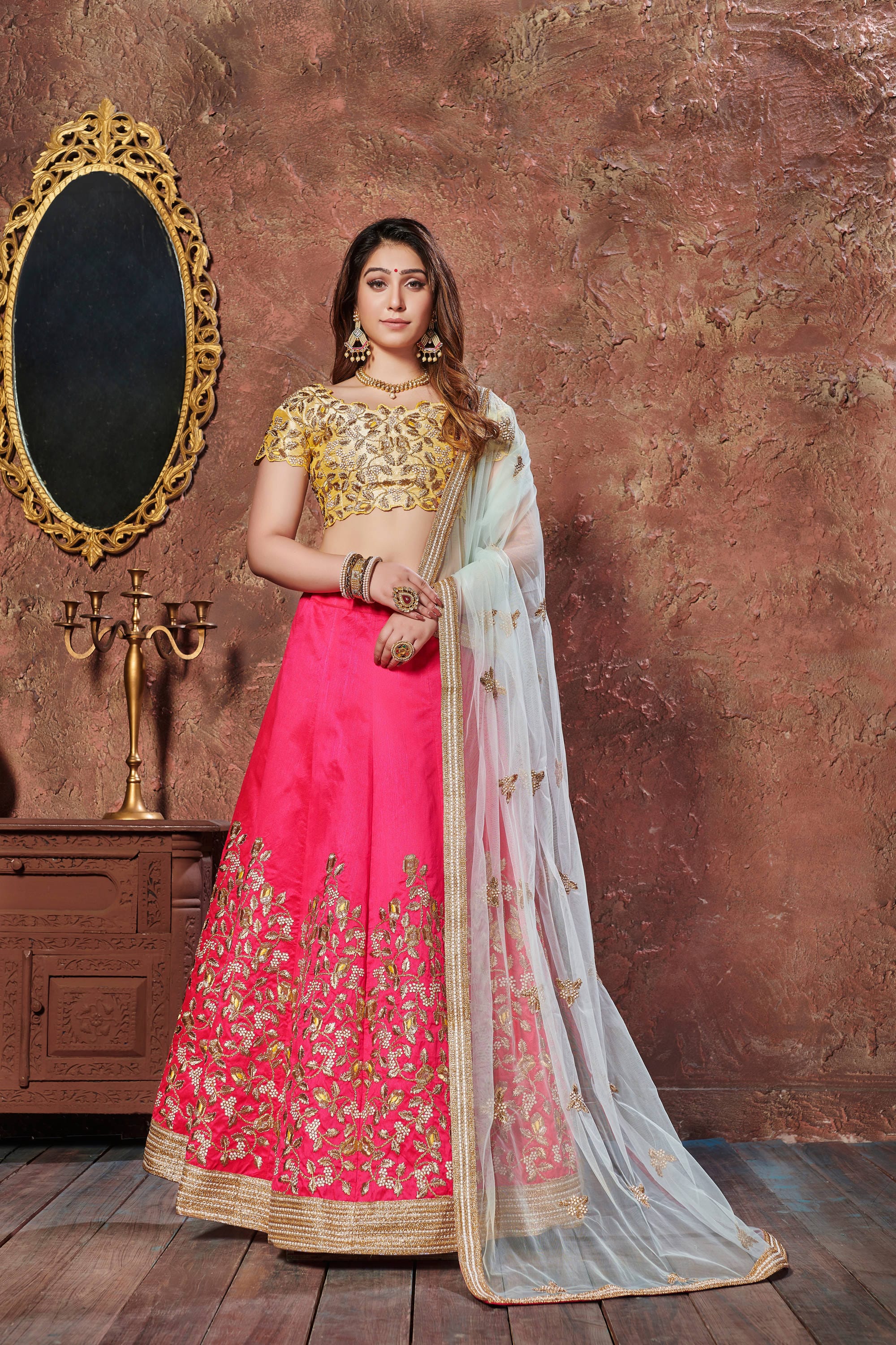 Elegant Yellow & Pink Lehenga Choli with Dori, Thread, and Sequins Embroidery