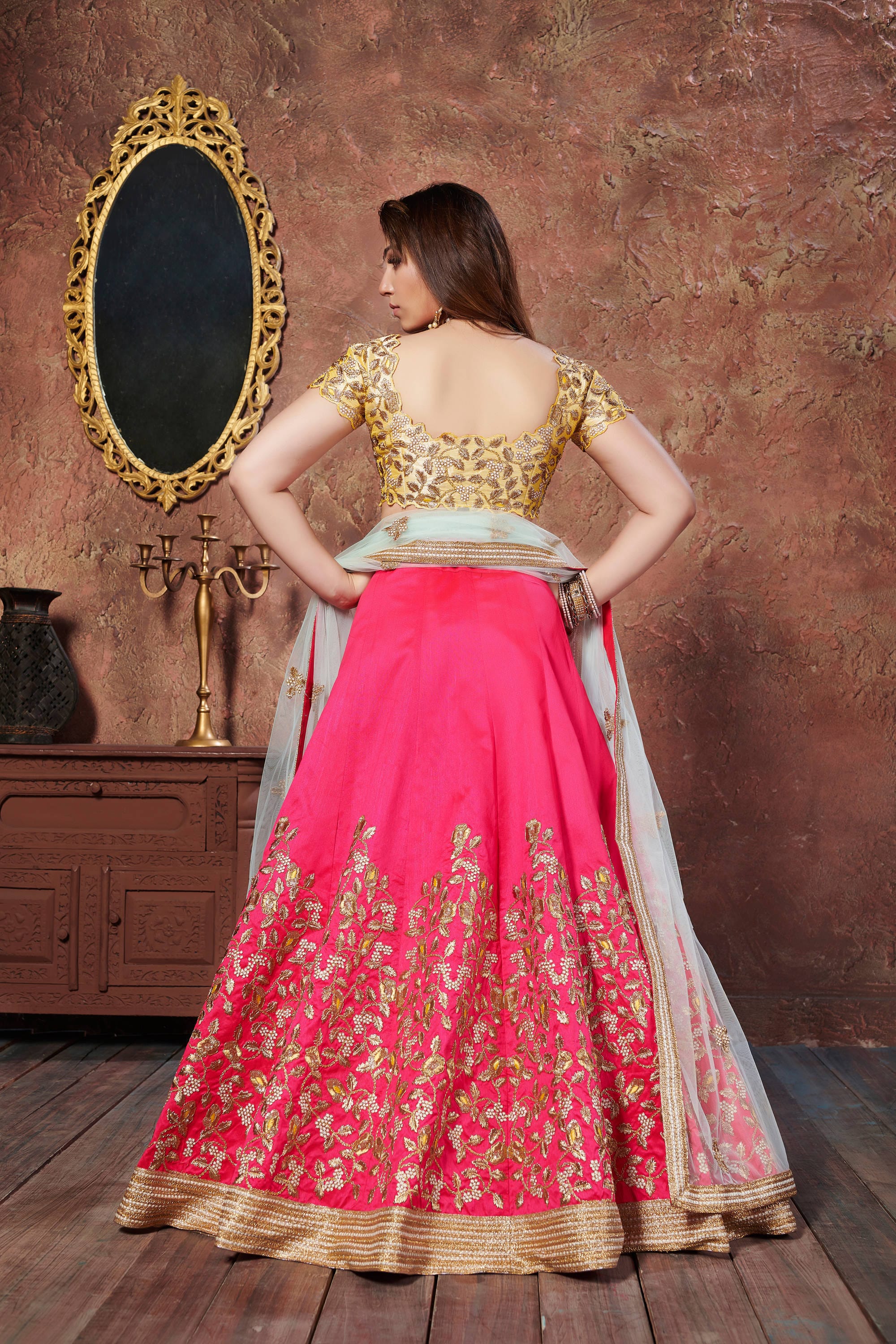 Elegant Yellow & Pink Lehenga Choli with Dori, Thread, and Sequins Embroidery