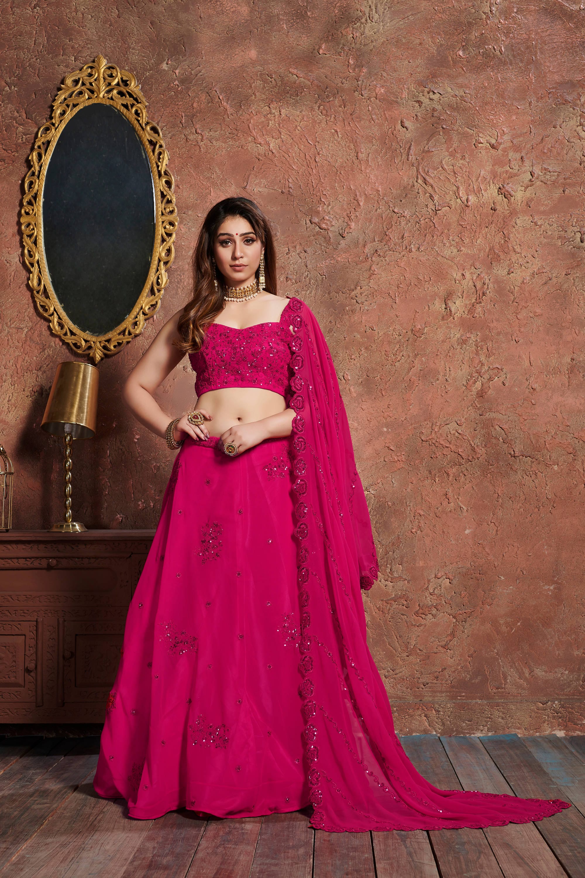 Elegant Pink Lehenga Choli adorned with Zari, Sequins, and Dori Embroidery