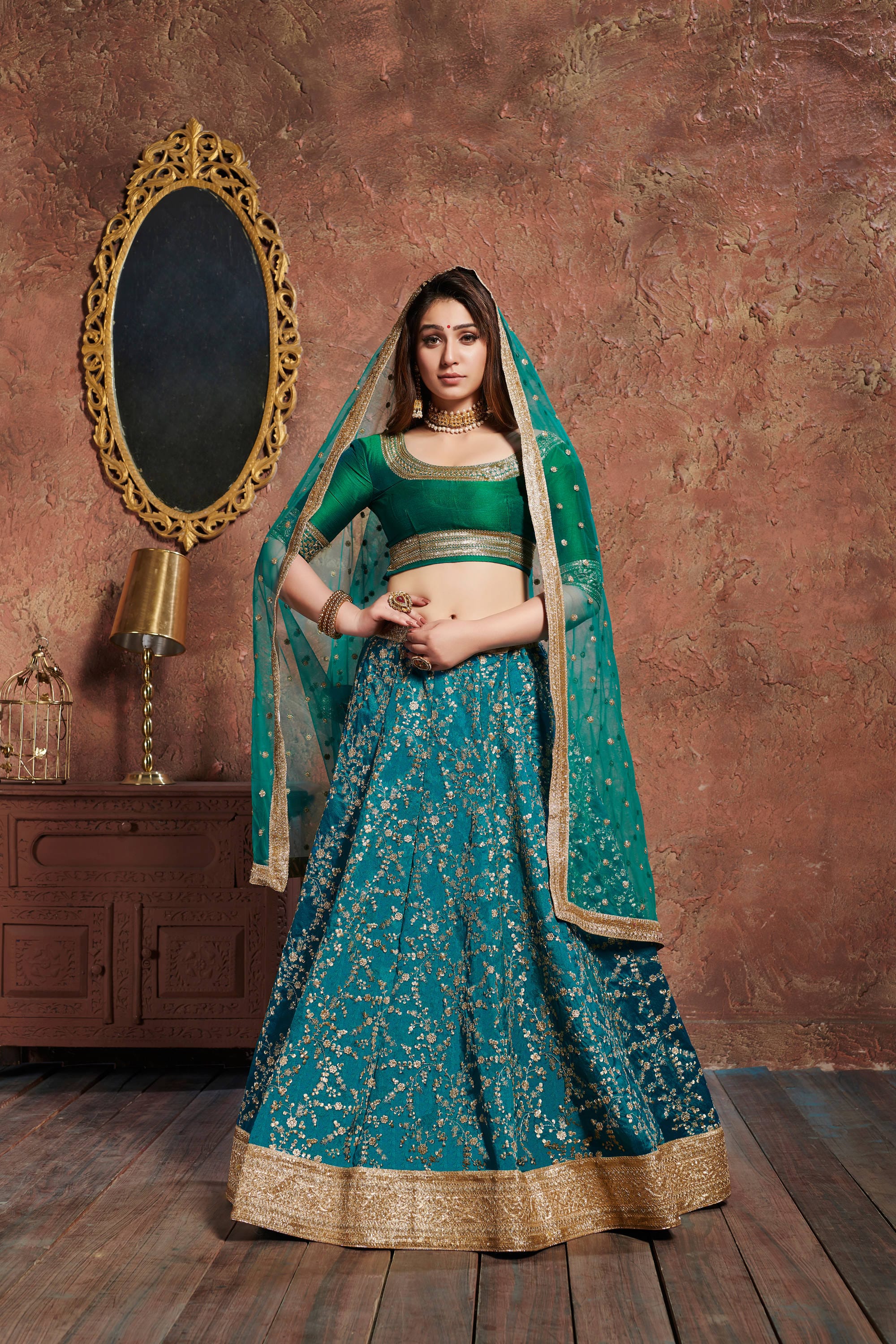 Buy Turquoise Embroidery Sequins Zari Work Art Silk Umbrella Lehenga  Wedding Wear Online at Best Price | Cbazaar