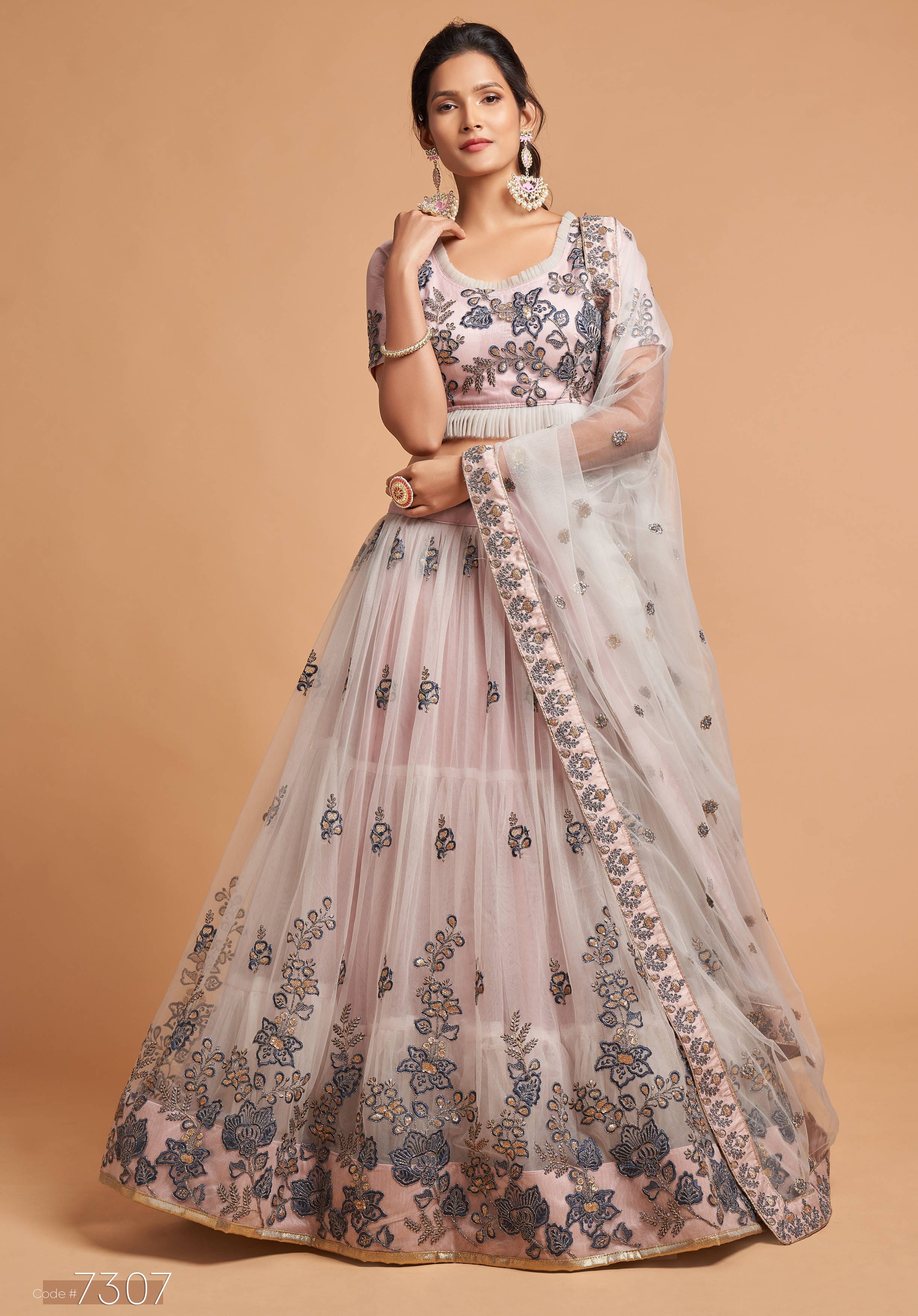 Elegant Grey Lehenga Choli with Intricate Thread, Zari, Dori, and Sequins Embroidery