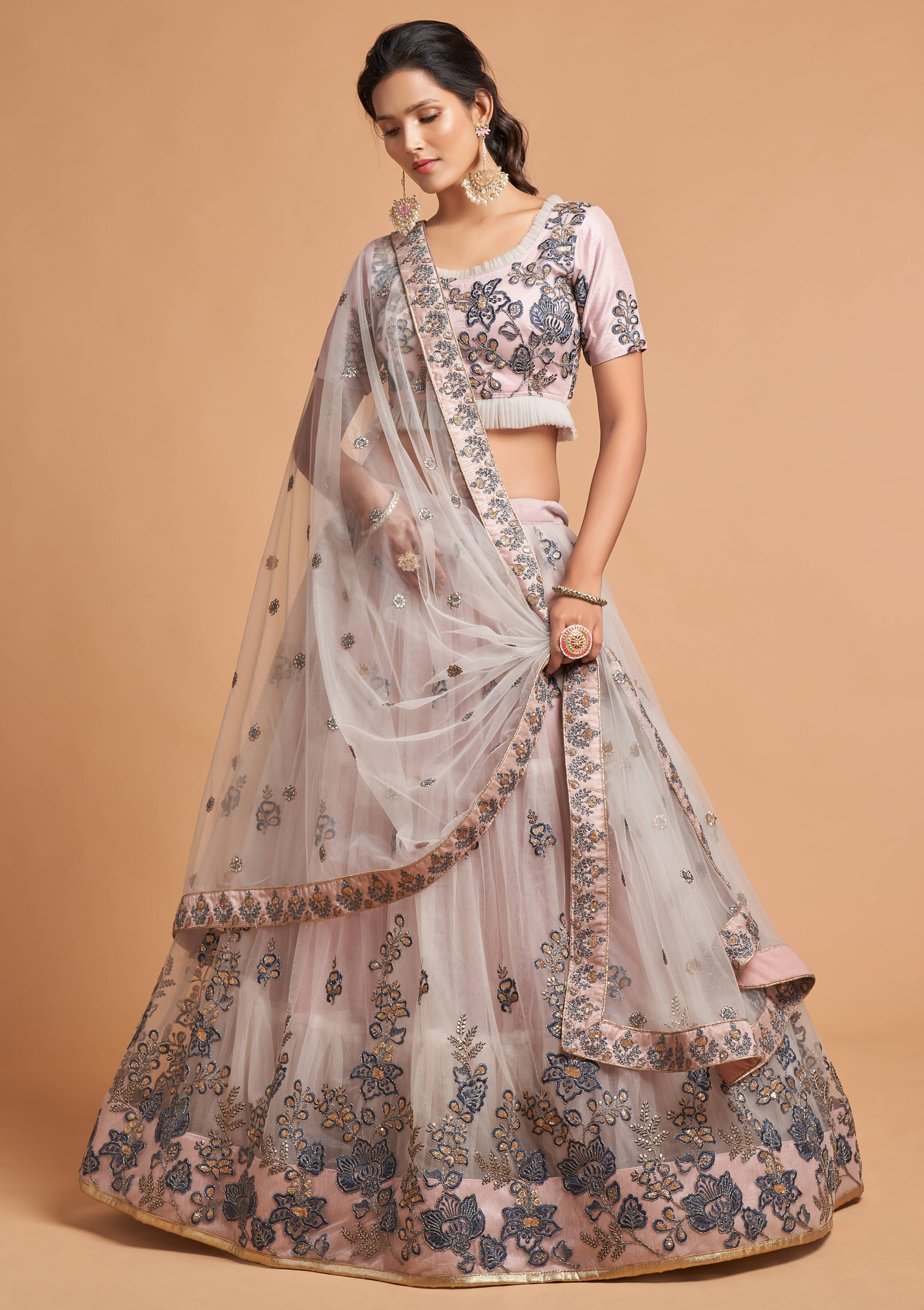 Elegant Grey Lehenga Choli with Intricate Thread, Zari, Dori, and Sequins Embroidery