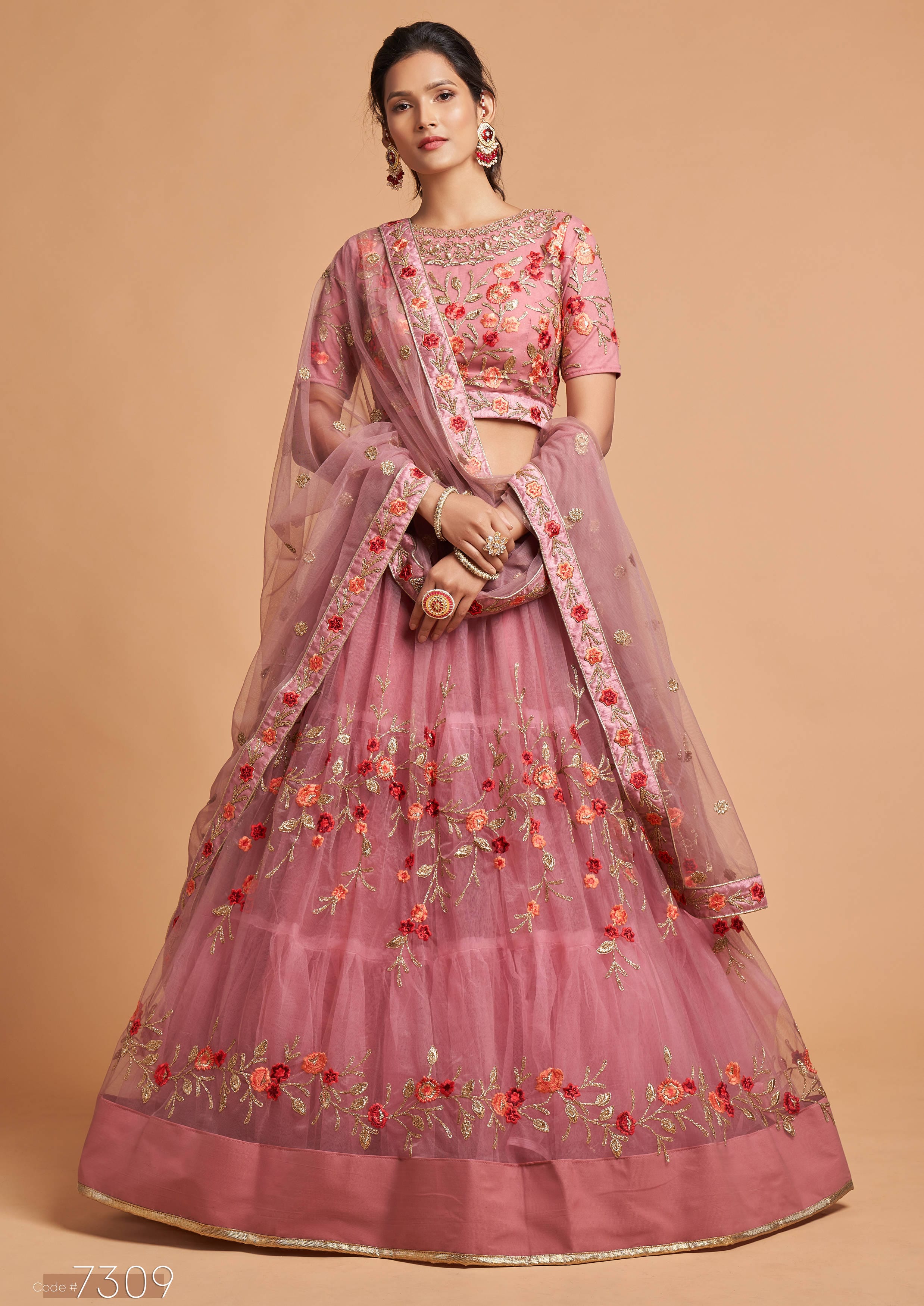 Dusty Pink Lehenga Choli adorned with Zari, Badla, Dori, and Thread Embroidery Work