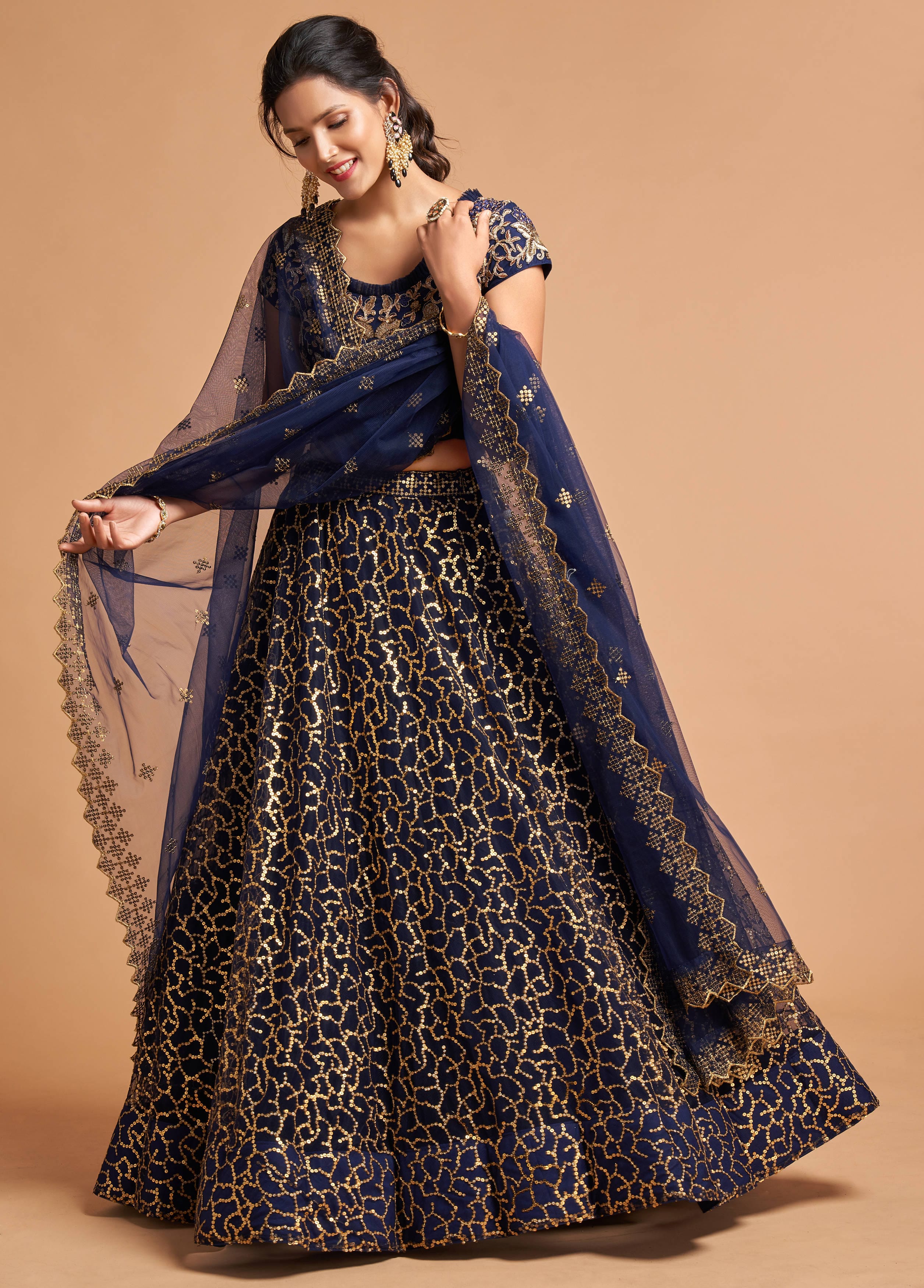 Navy Blue Lehenga Choli adorned with Zari, Badla, Dori, and Threads Embroidery Work