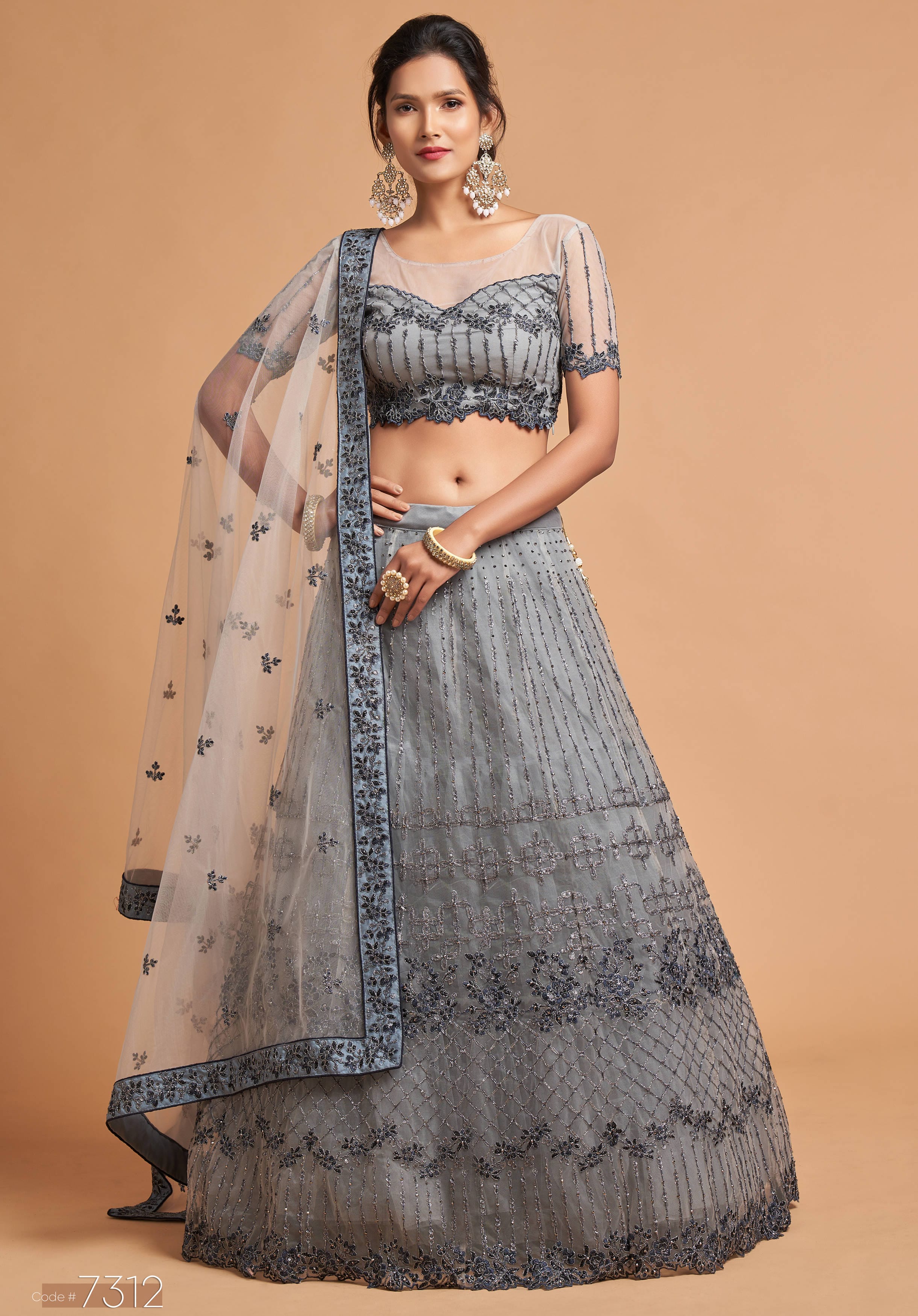 Elegant Grey Lehenga Choli with Intricate Zari, Badla, Dori, and Thread Embroidery