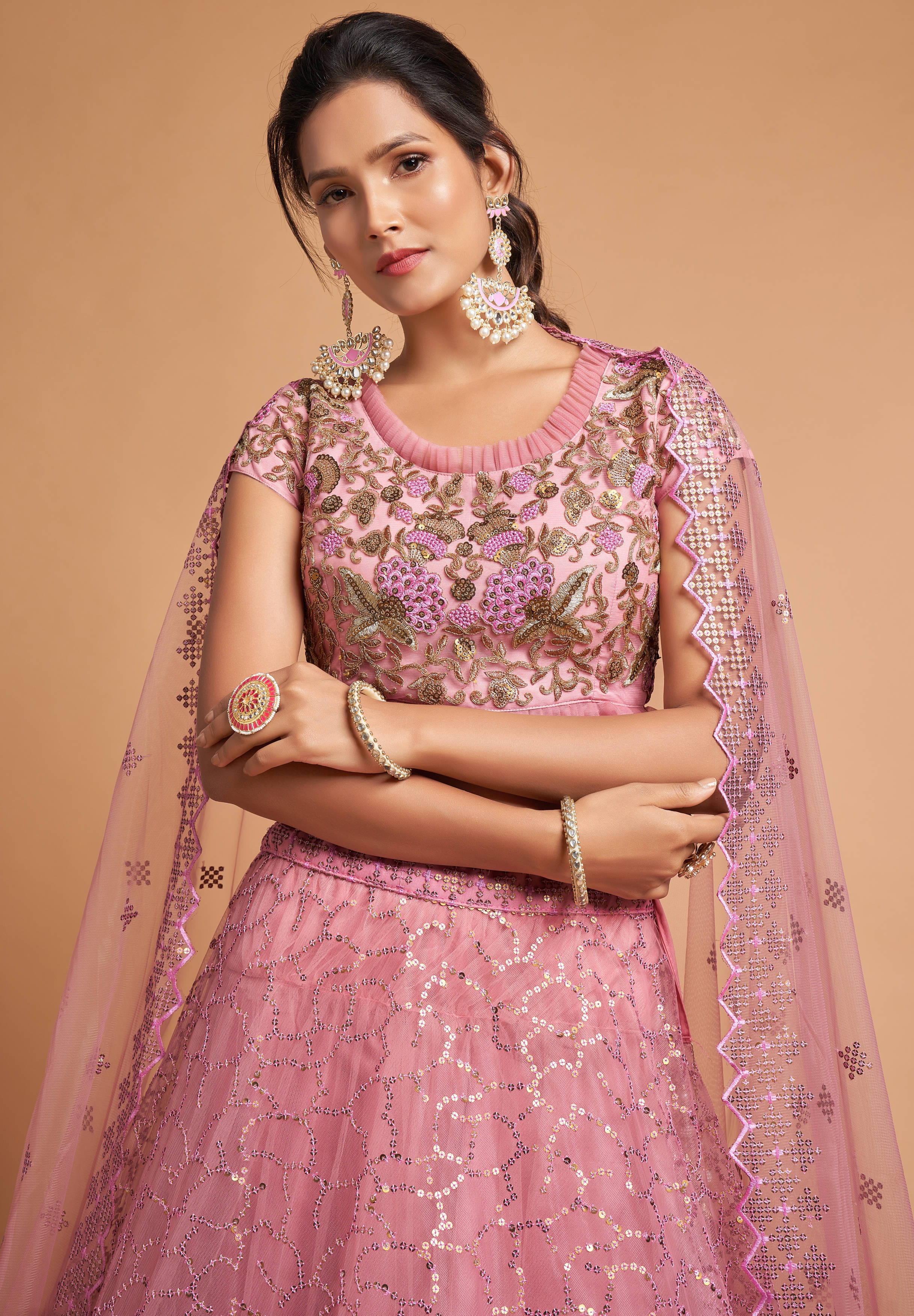 Blushing Beauty: Blush Pink Lehenga Choli with Zari, Badla, Dori, and Threads Embroidery