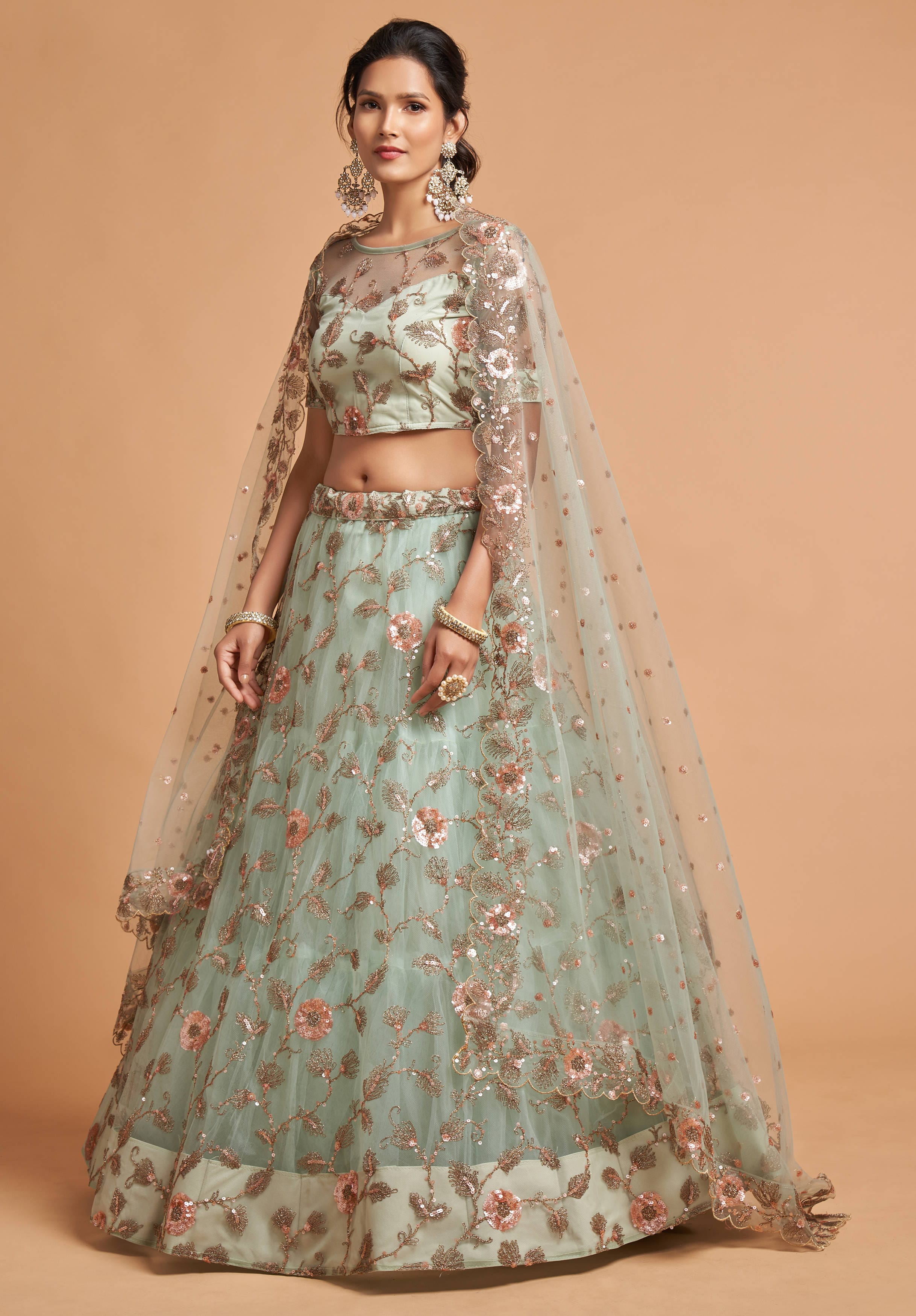 Ethereal SkyBlue Lehenga Choli Adorned with Zari, Badla, Dori, and Thread Embroidery