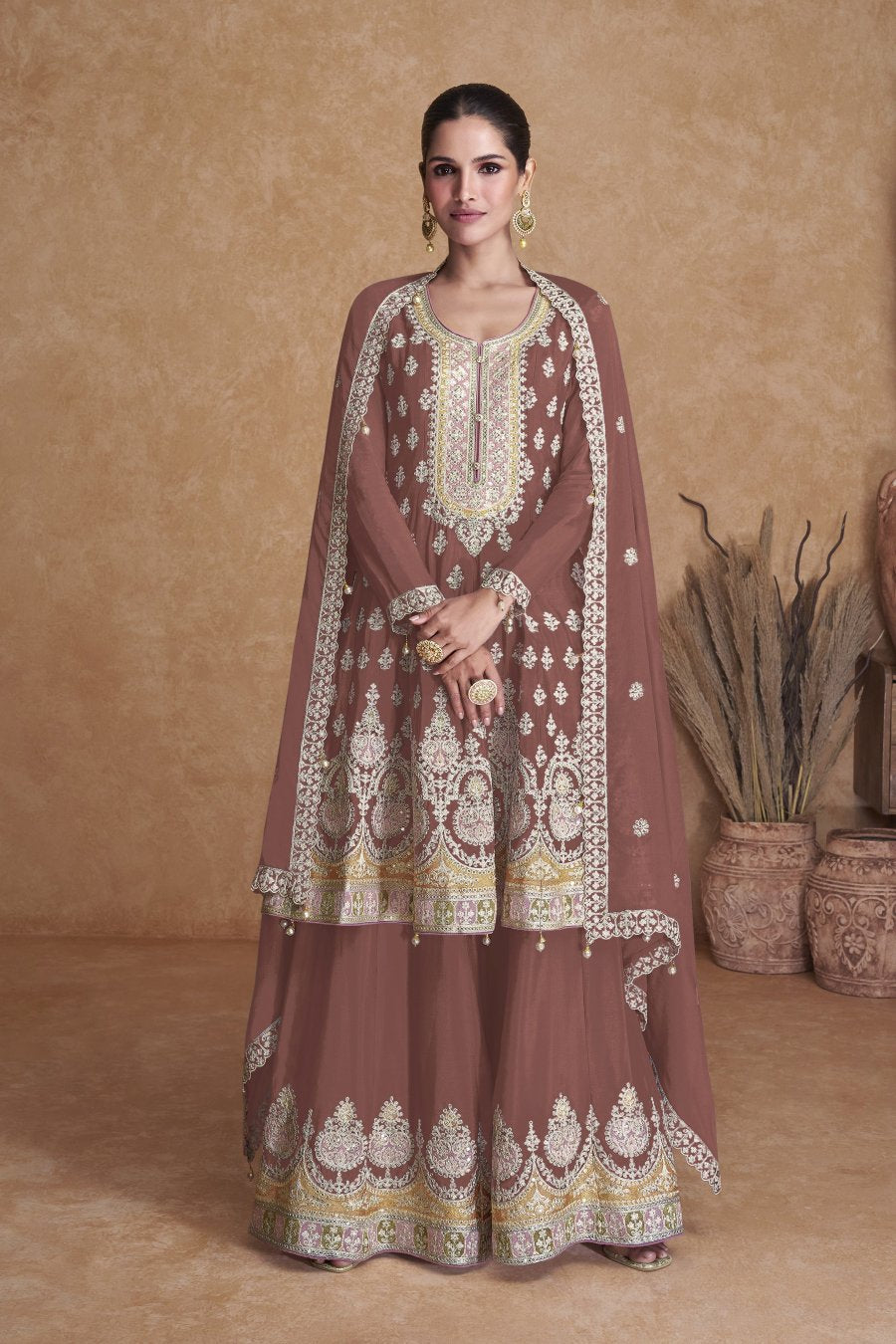 Elegant Brown Sharara Salwar Suit: Intricate Embroidery for Parties & Weddings"