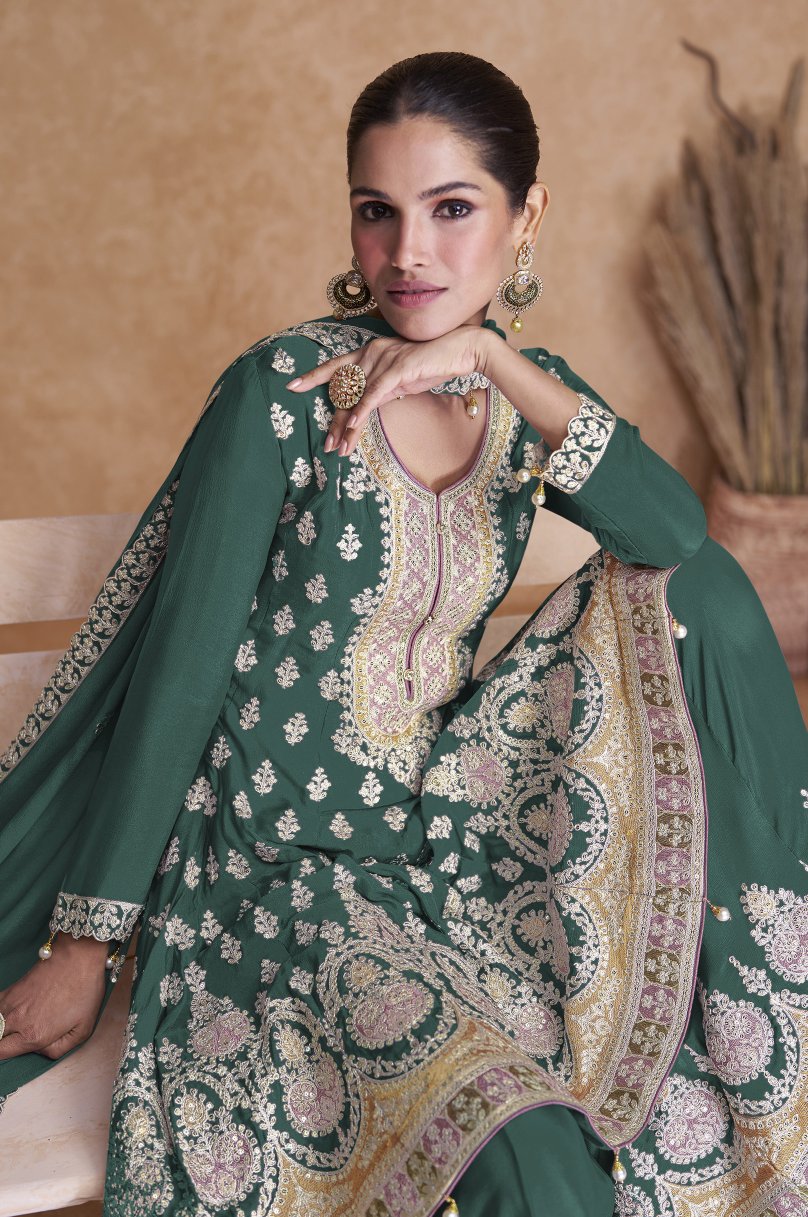 Elegant Green Sharara Salwar Suit: Intricate Embroidery for Party & Wedding Wear