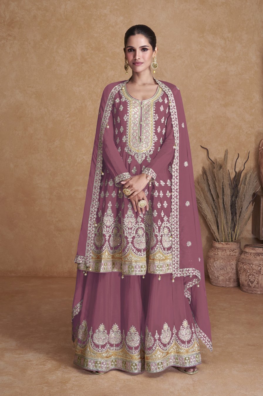 Elegant Pink Sharara Salwar Suit: Intricate Embroidery for Party and Wedding