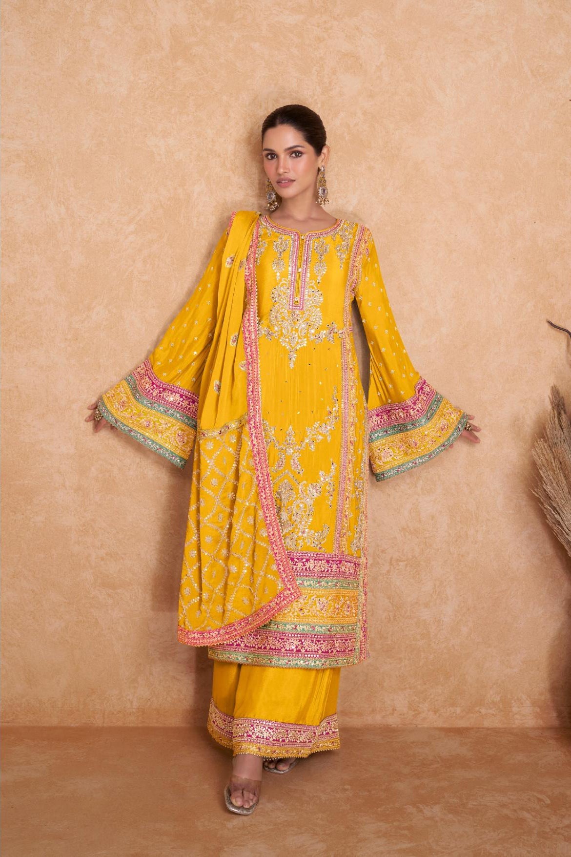 Chic Chinon Yellow Salwar Suit Real Chinon Top, Dupatta, and Bottom Ensemble