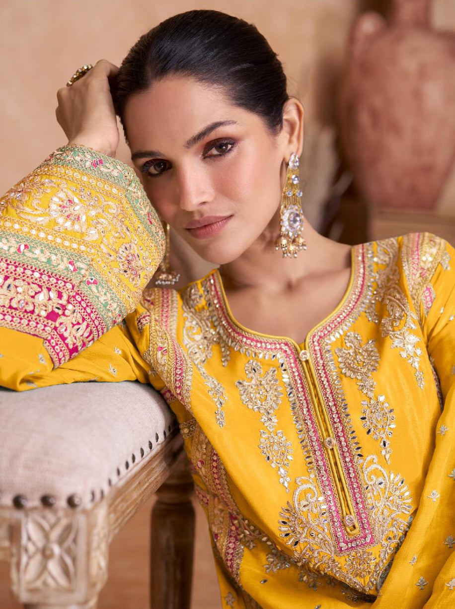 Chic Chinon Yellow Salwar Suit Real Chinon Top, Dupatta, and Bottom Ensemble