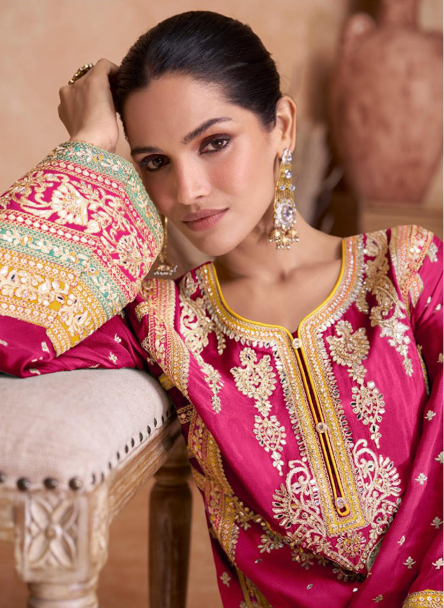 Chic Chinon Pink Salwar Suit Real Chinon Top, Dupatta, and Bottom Ensemble