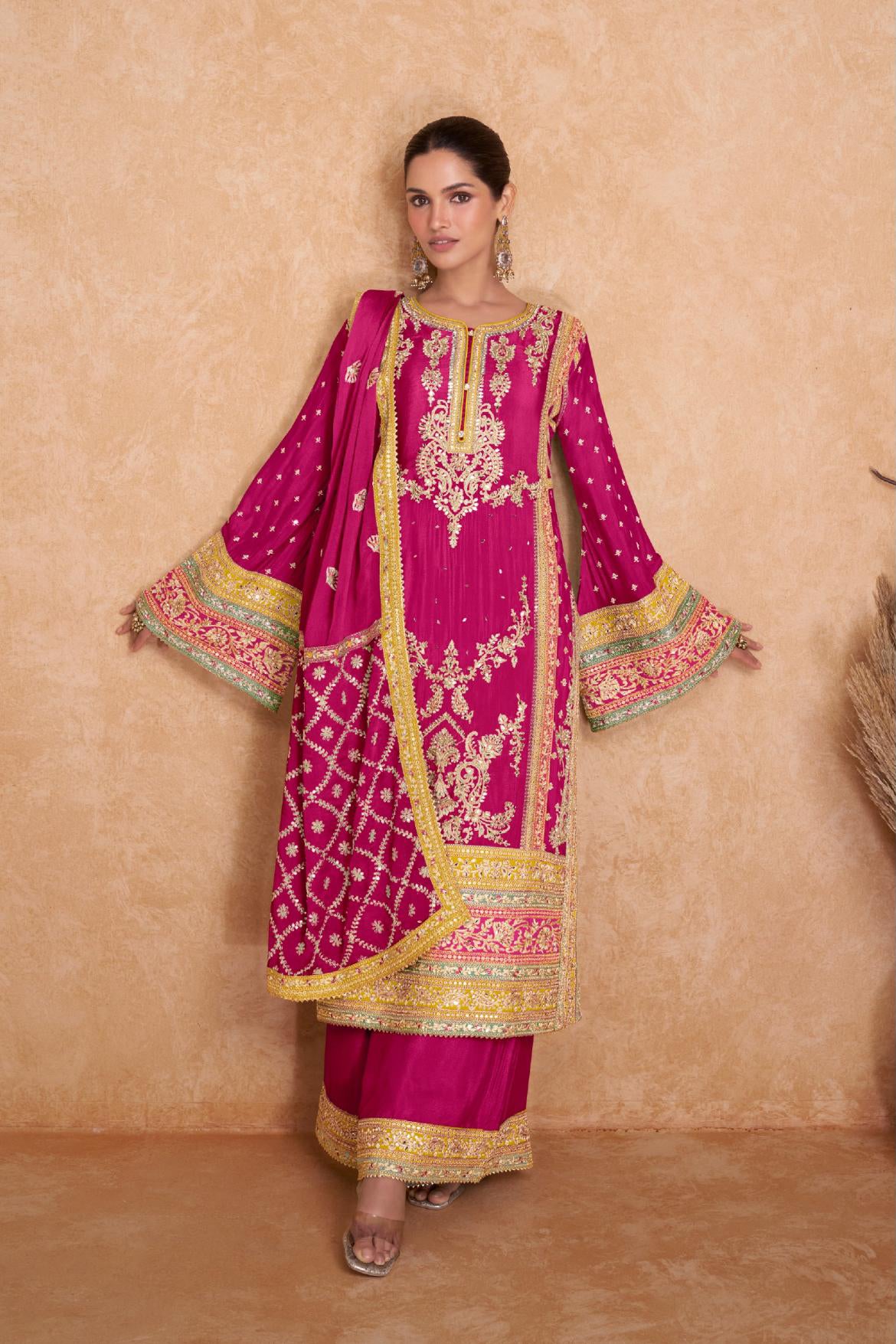 Chic Chinon Pink Salwar Suit Real Chinon Top, Dupatta, and Bottom Ensemble