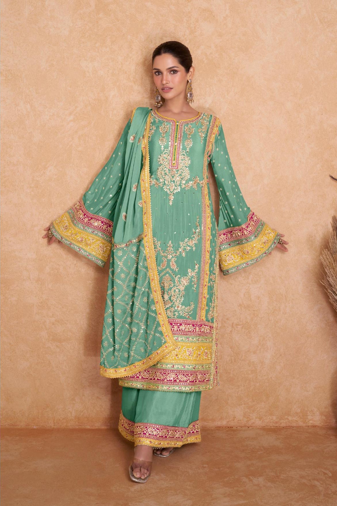 Chic Chinon Rama Salwar Suit Real Chinon Top, Dupatta, and Bottom Ensemble