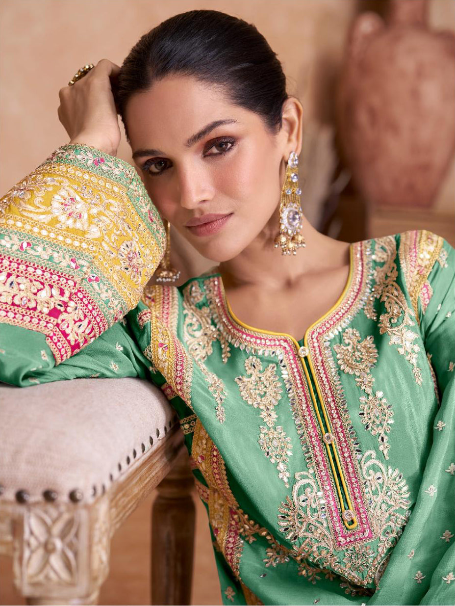 Chic Chinon Rama Salwar Suit Real Chinon Top, Dupatta, and Bottom Ensemble