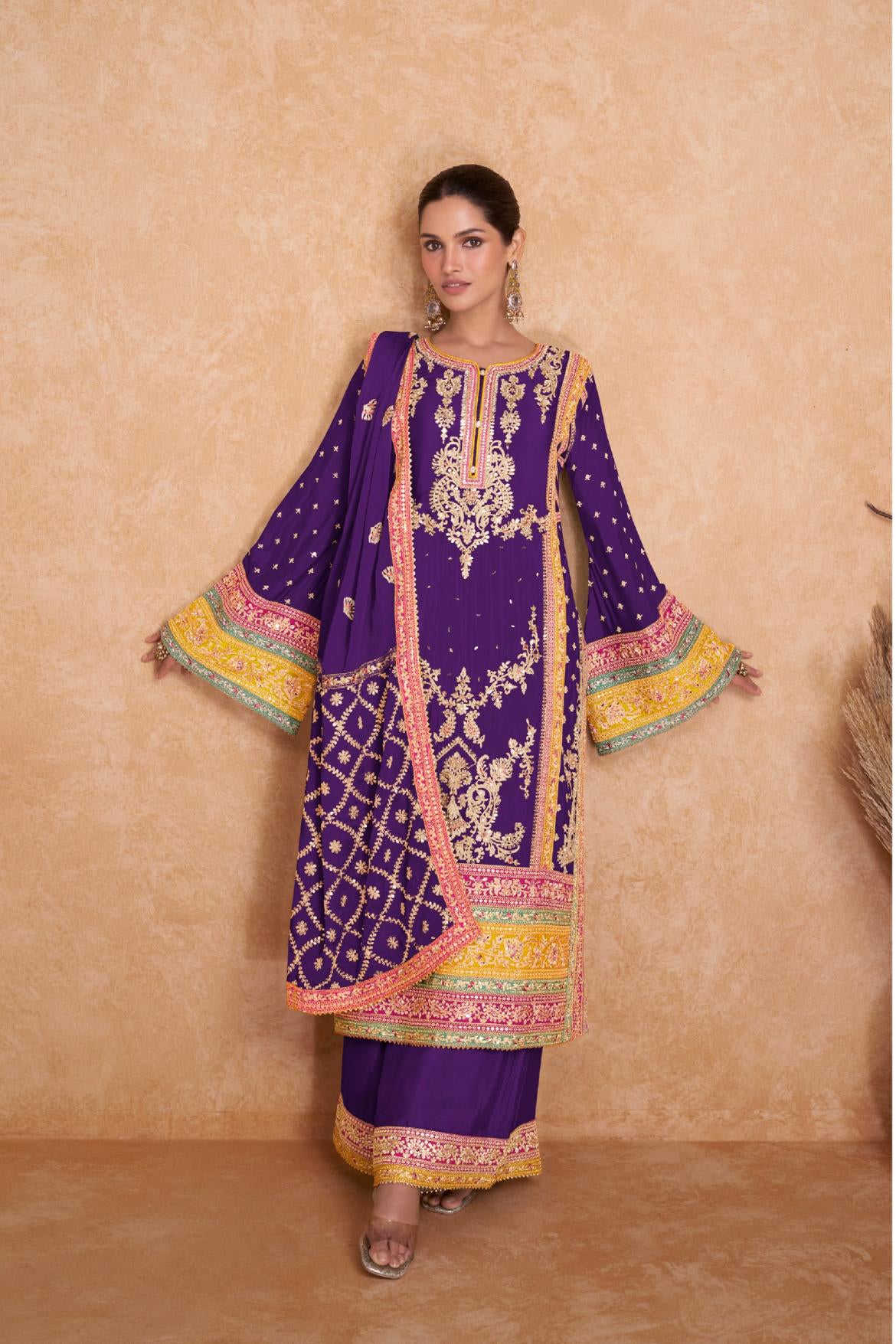 Chic Chinon Purple Salwar Suit Real Chinon Top, Dupatta, and Bottom Ensemble