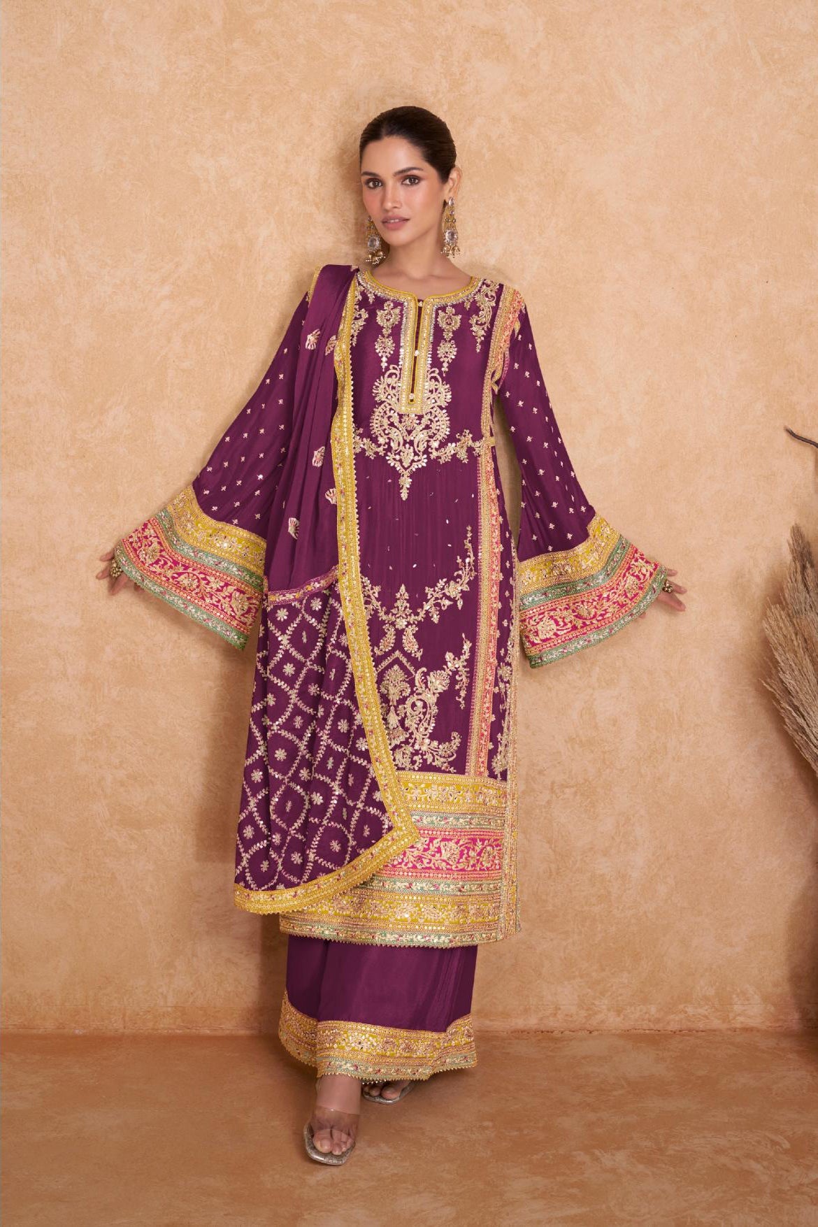 Chic Chinon Wine Salwar Suit Real Chinon Top, Dupatta, and Bottom Ensemble