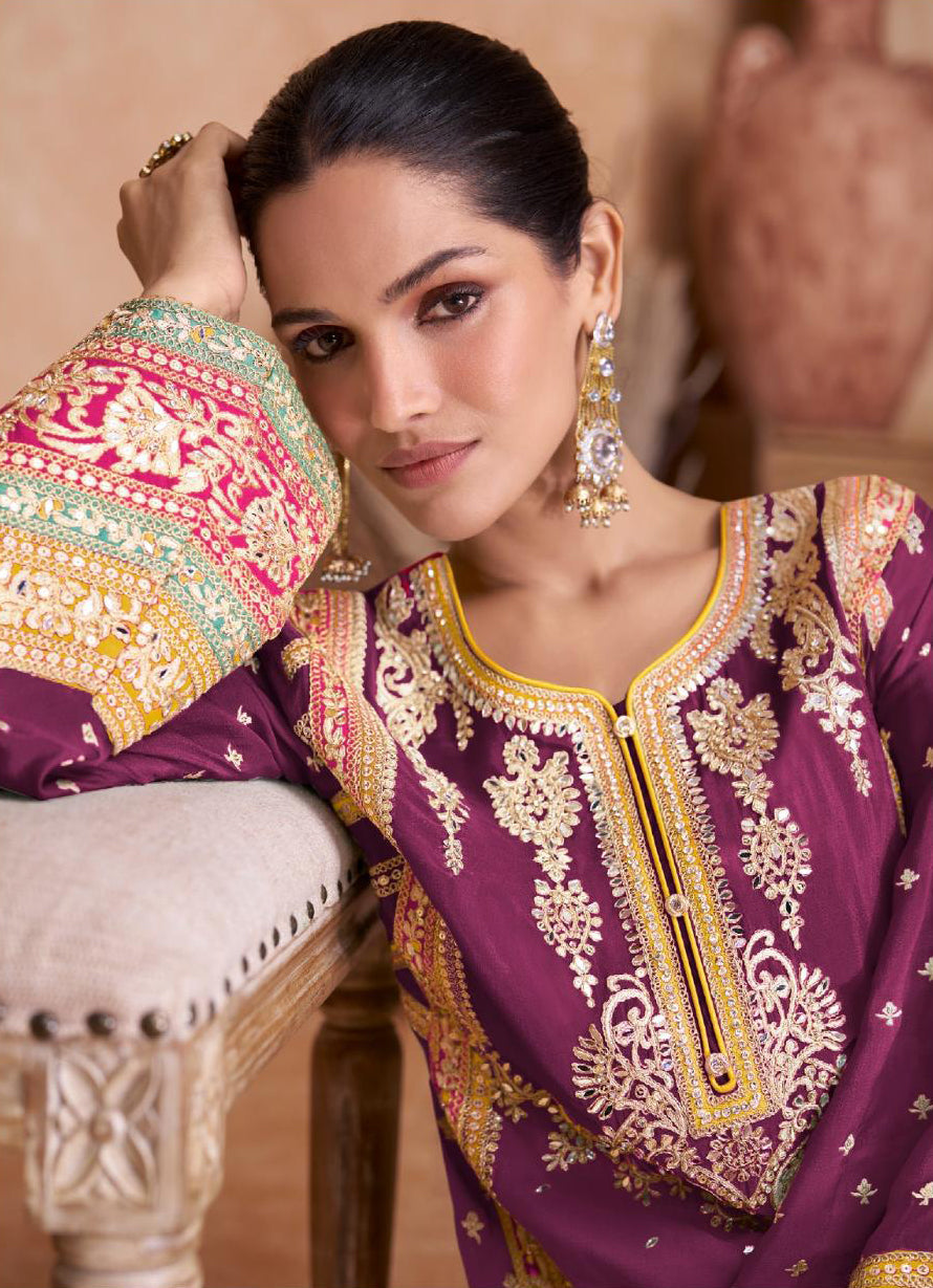 Chic Chinon Wine Salwar Suit Real Chinon Top, Dupatta, and Bottom Ensemble