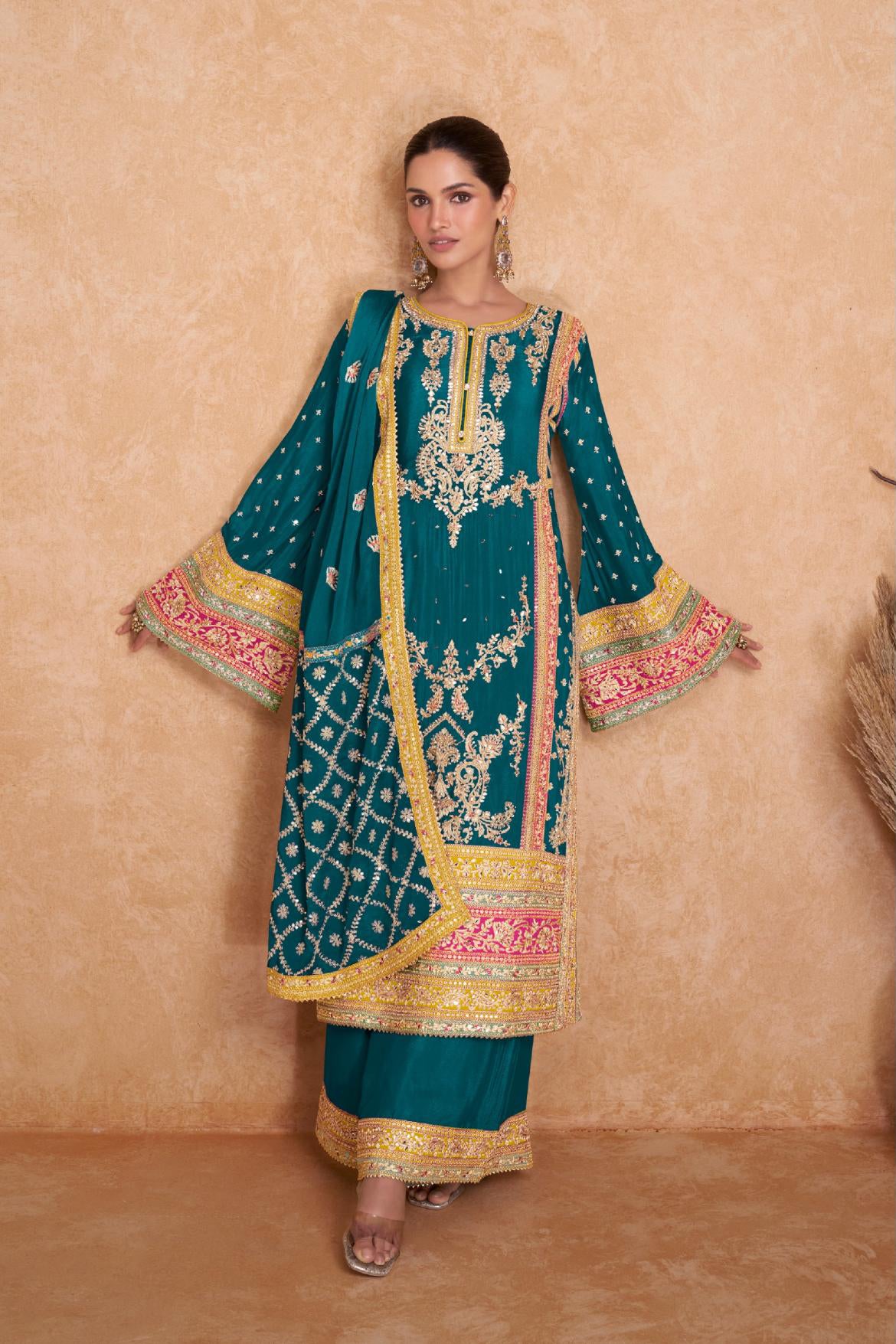 Chic Chinon Bottle-green Salwar Suit Real Chinon Top, Dupatta, and Bottom Ensemble