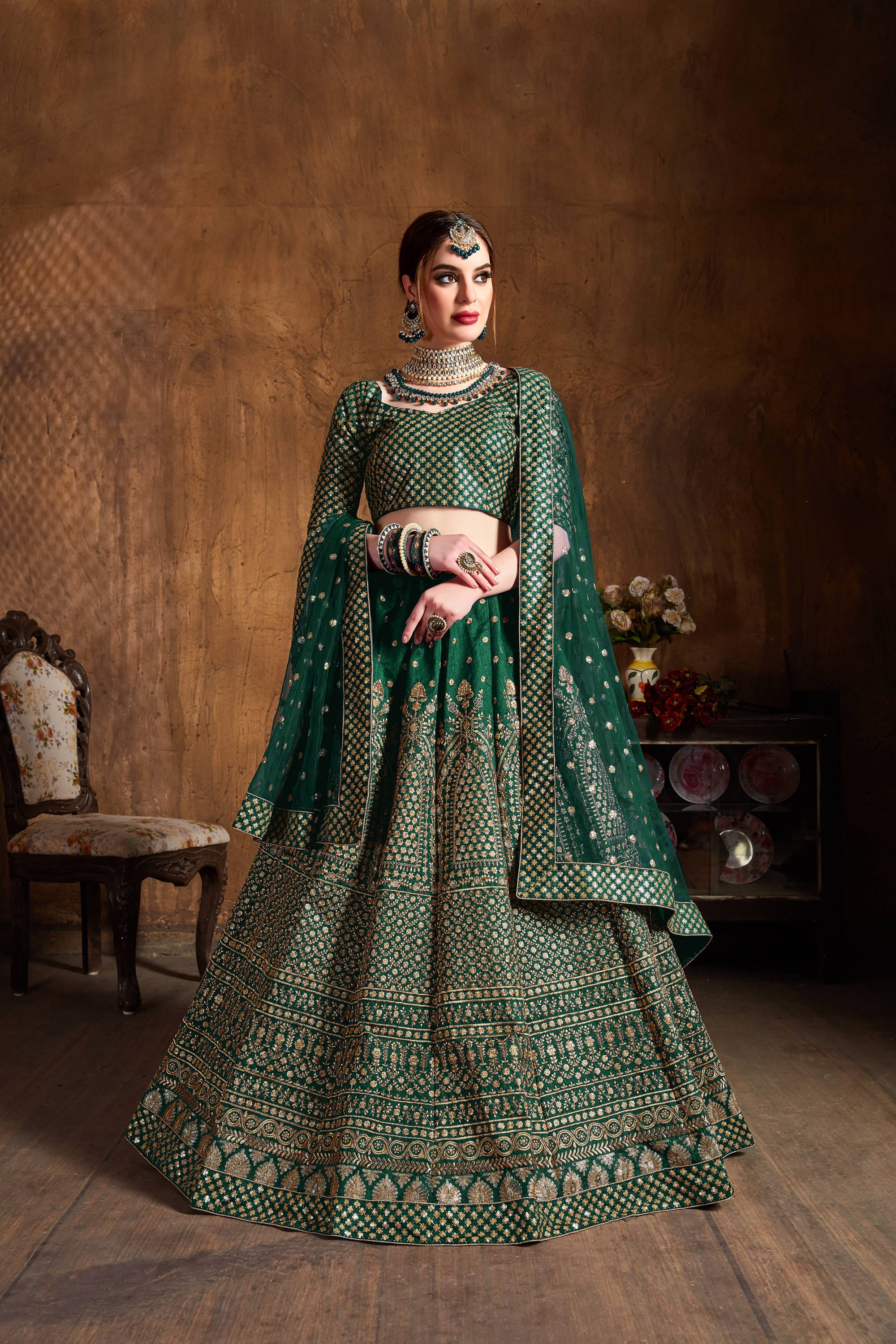 Enchanting Green and Gold Lehenga Choli: Glittering Sequin Embroidery on Raw Silk