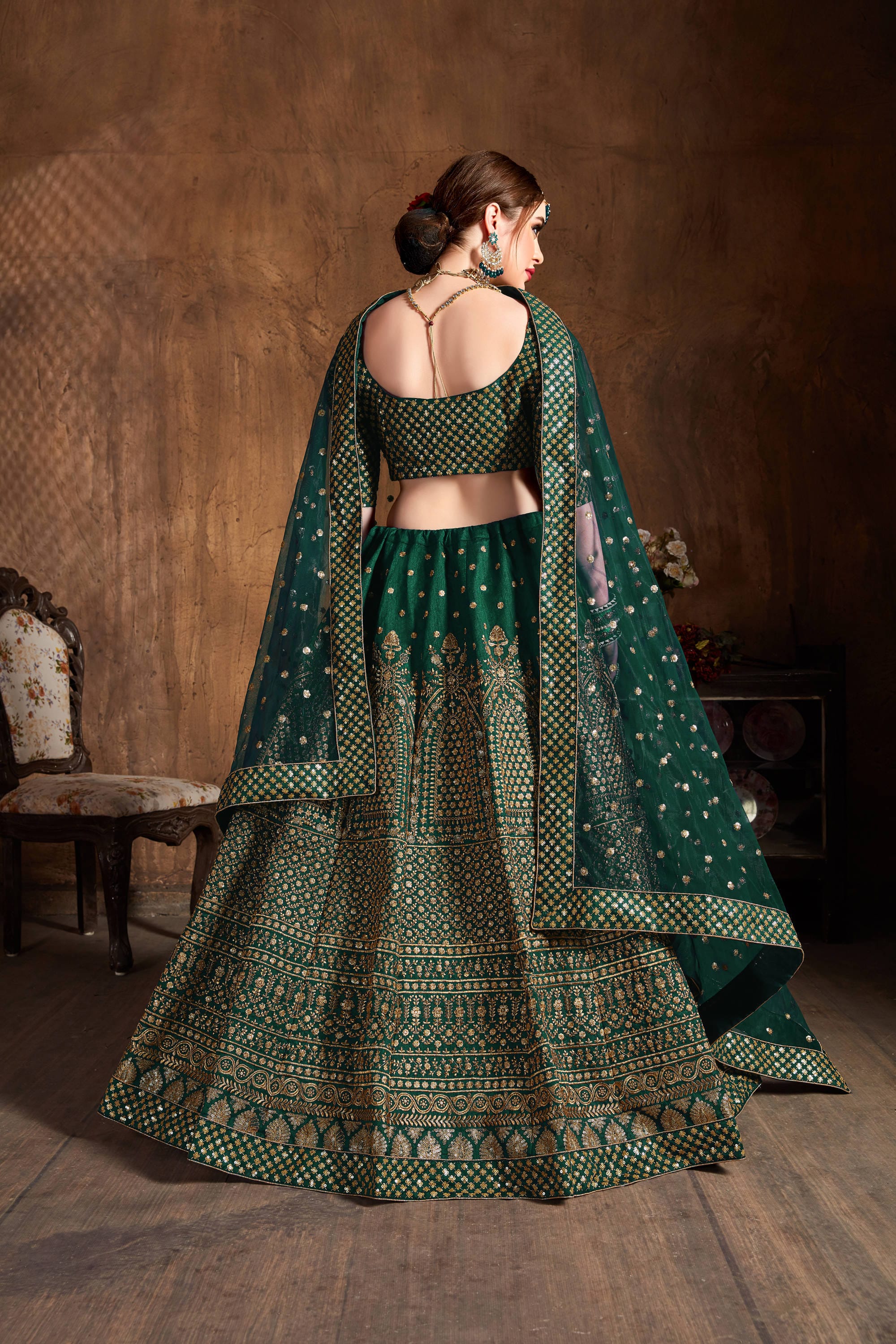 Enchanting Green and Gold Lehenga Choli: Glittering Sequin Embroidery on Raw Silk