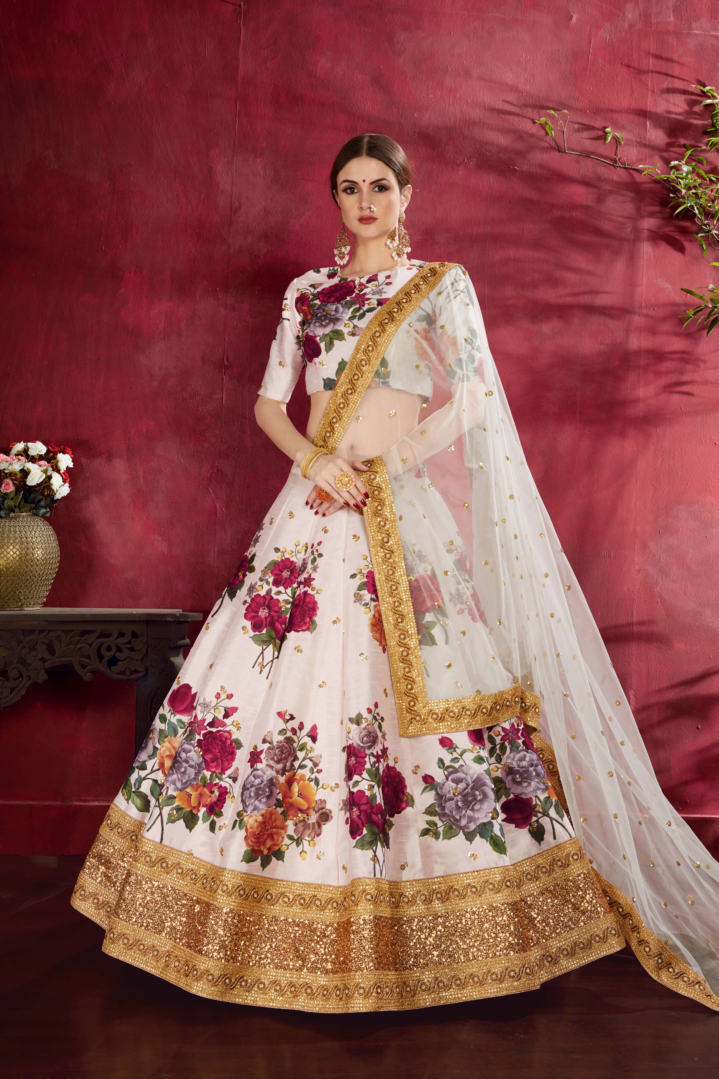 Ethereal Off-White Floral Lehenga Choli: Zari, Sequins, and Elegance