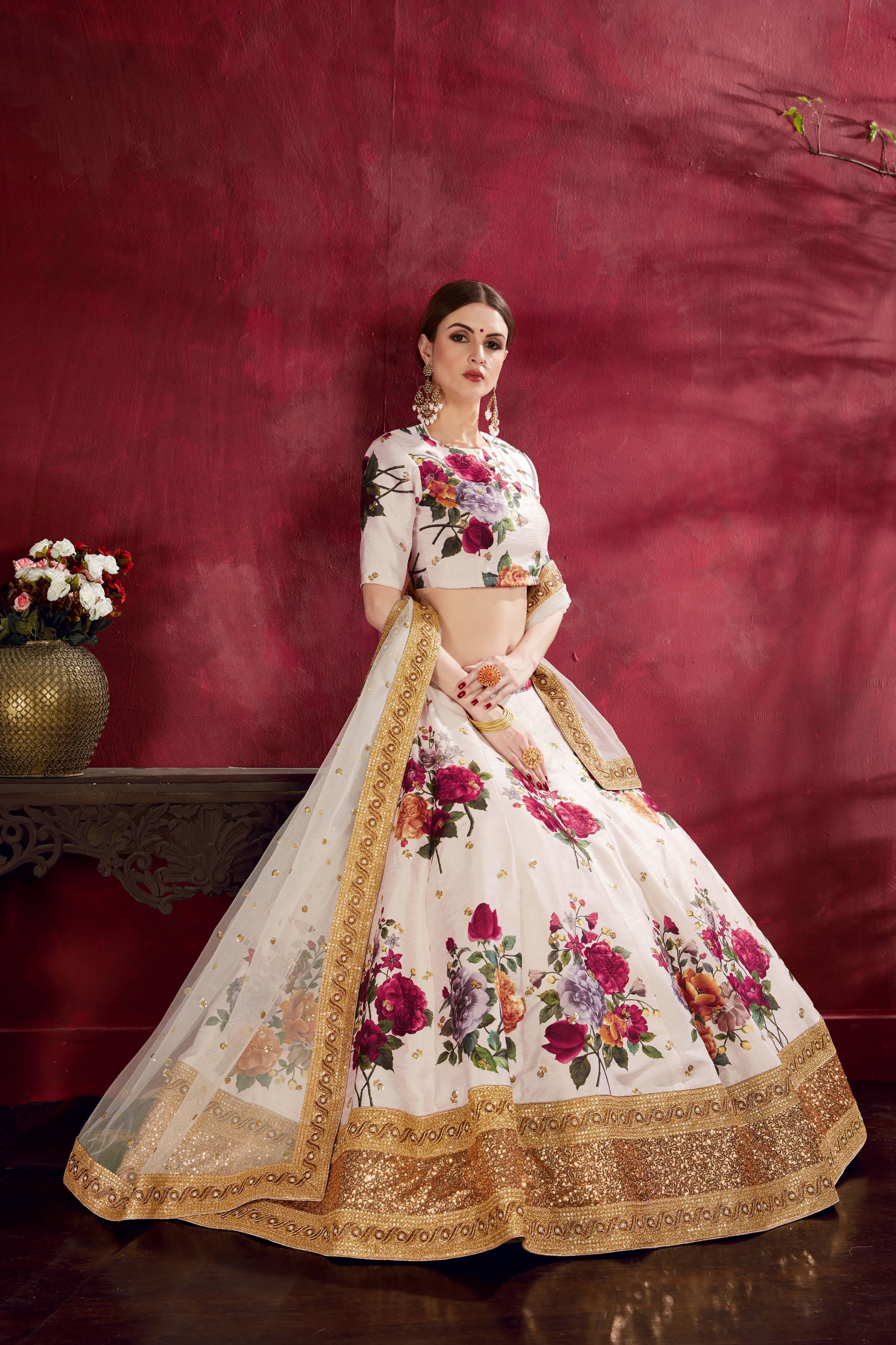 Ethereal Off-White Floral Lehenga Choli: Zari, Sequins, and Elegance