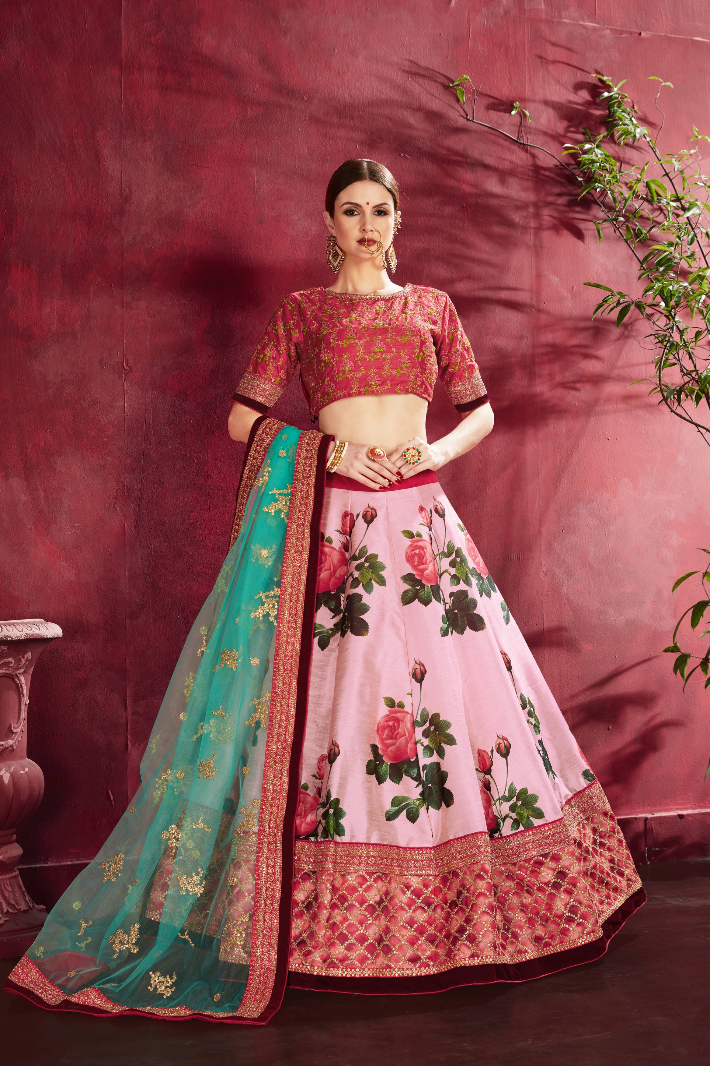 Rosepink Floral Bliss: Embroidered Lehenga Choli in Heavy Banglori Silk