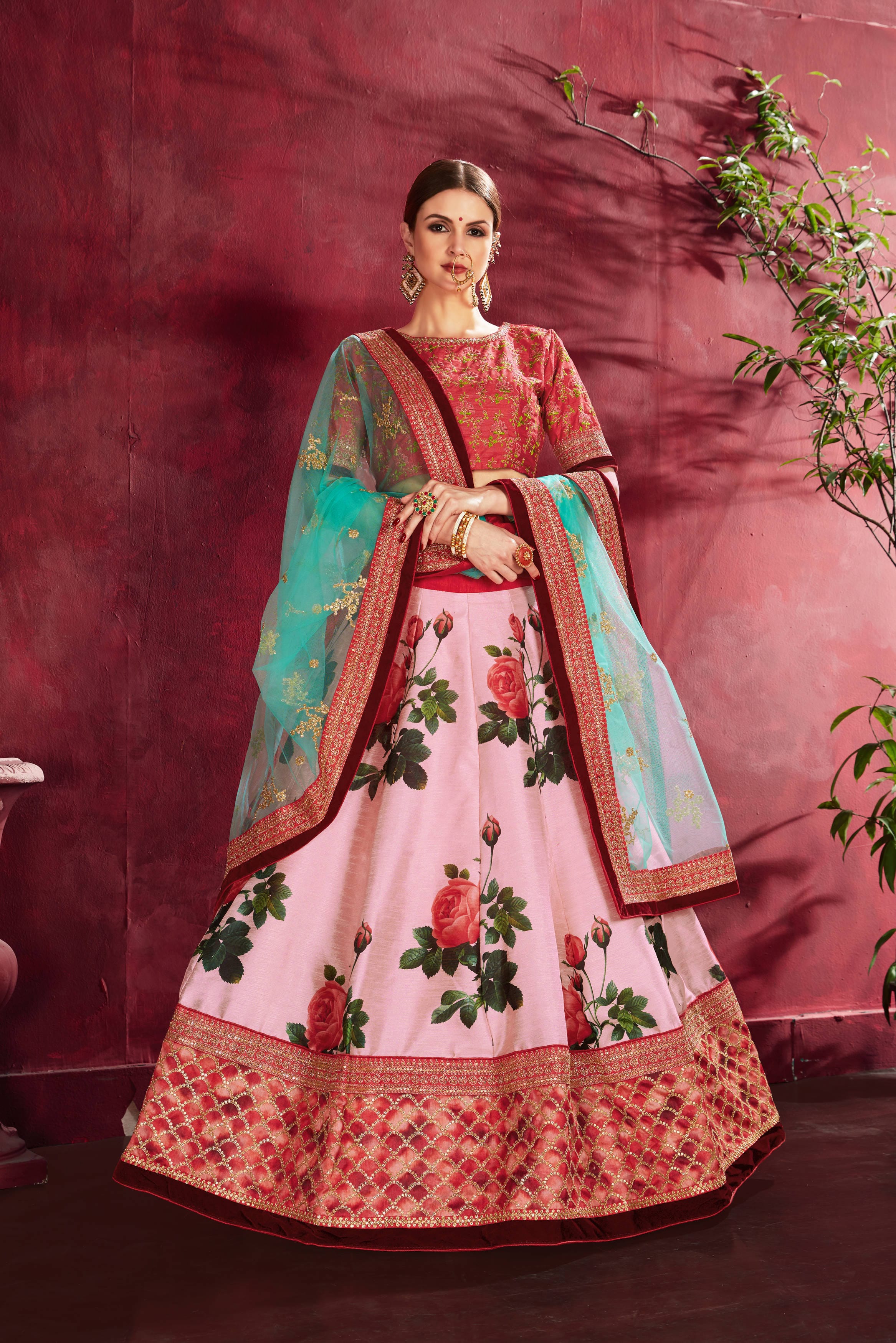 Rosepink Floral Bliss: Embroidered Lehenga Choli in Heavy Banglori Silk