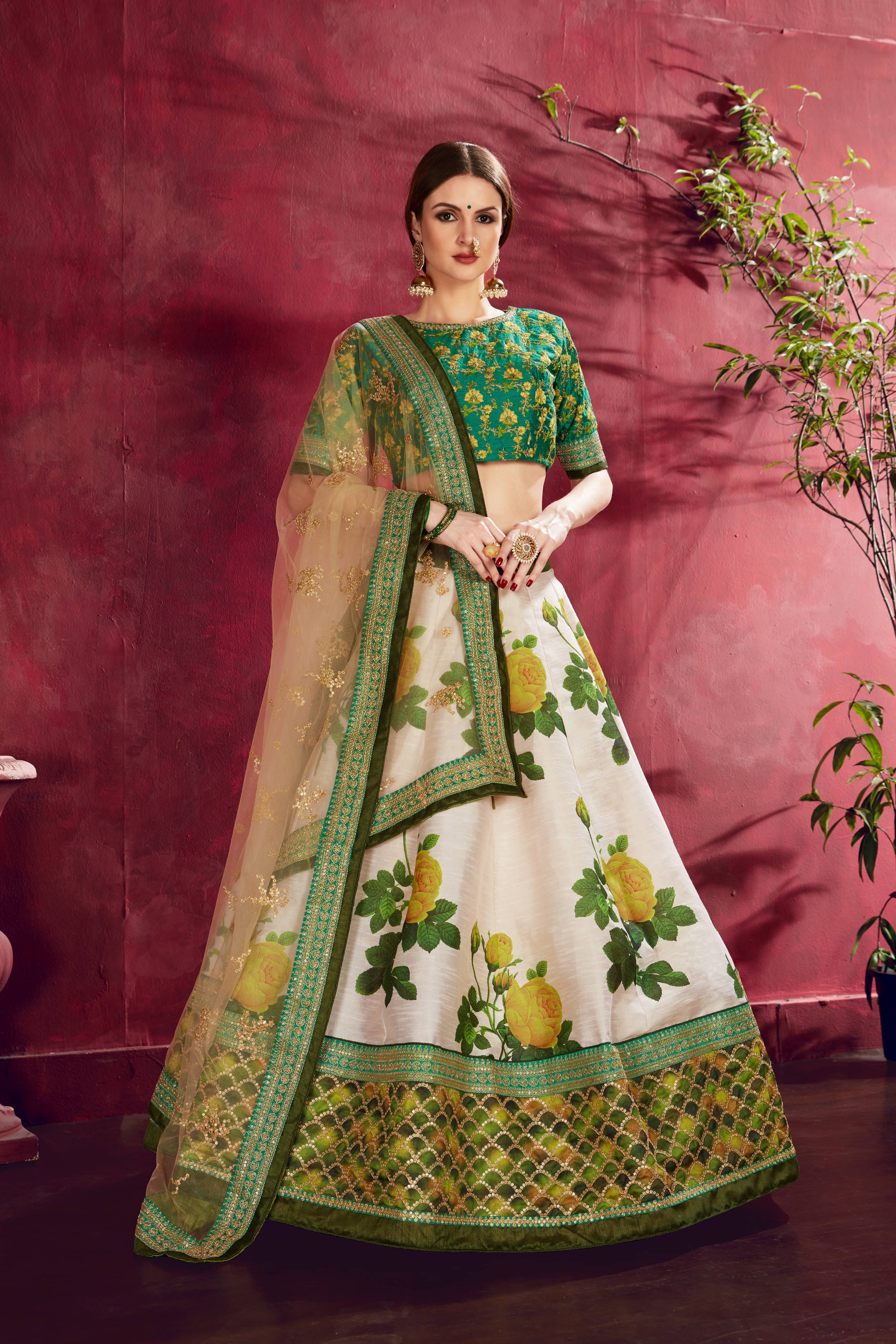 Cream-Green Floral Lehenga Choli: Elegance Embellished with Zari & Sequins