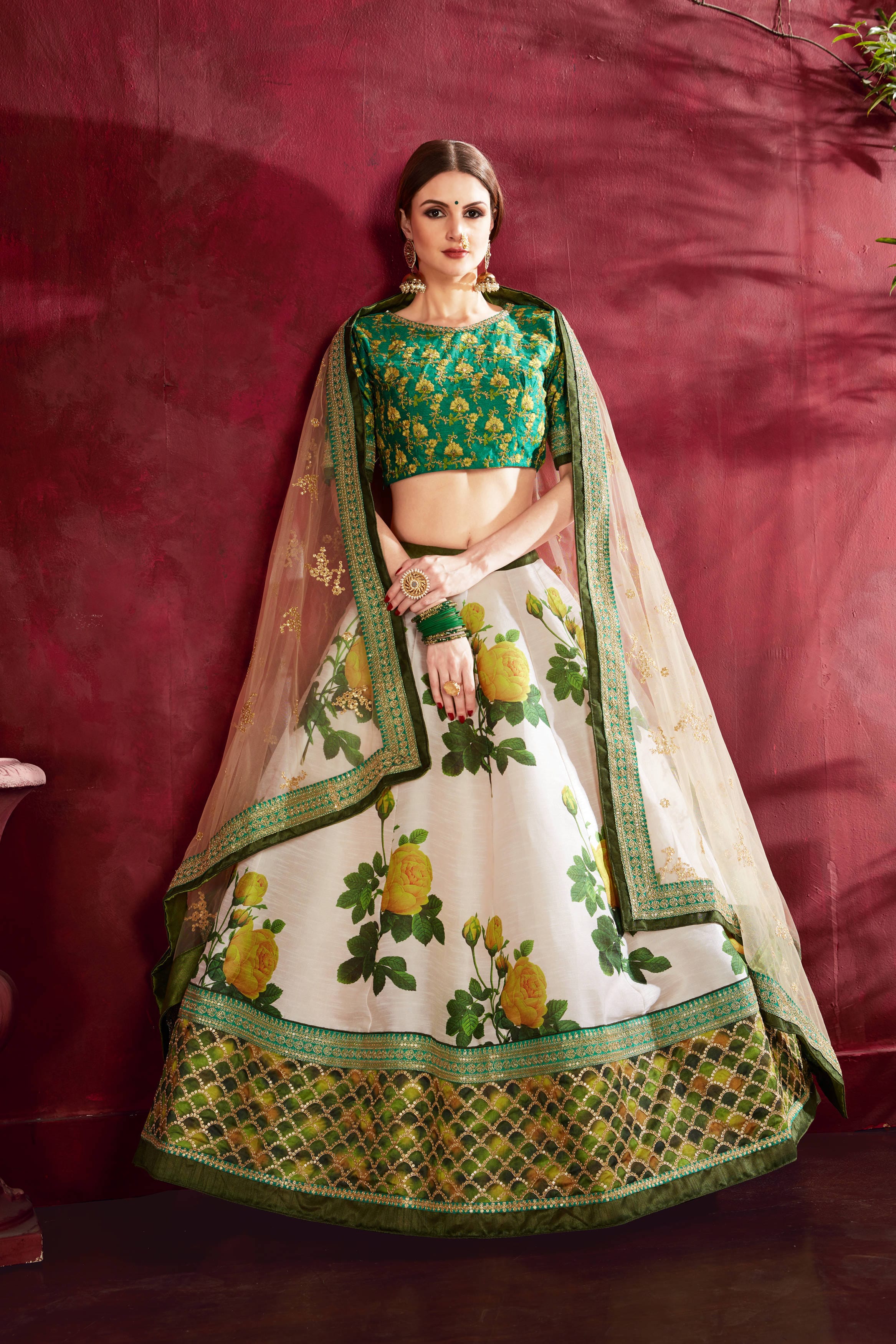 Cream-Green Floral Lehenga Choli: Elegance Embellished with Zari & Sequins