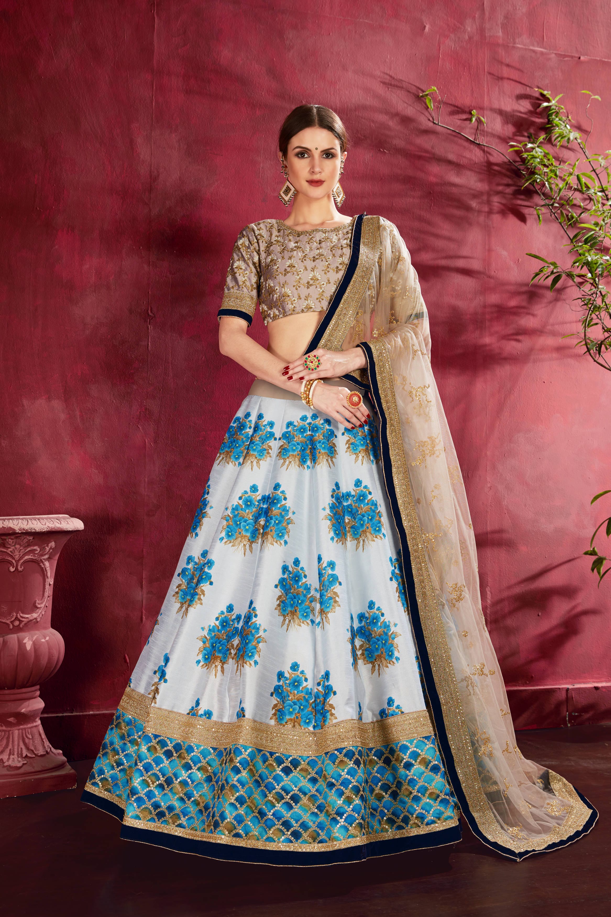 Elegant Cream-Beige Floral Lehenga Choli with Zari and Sequins Embroidery