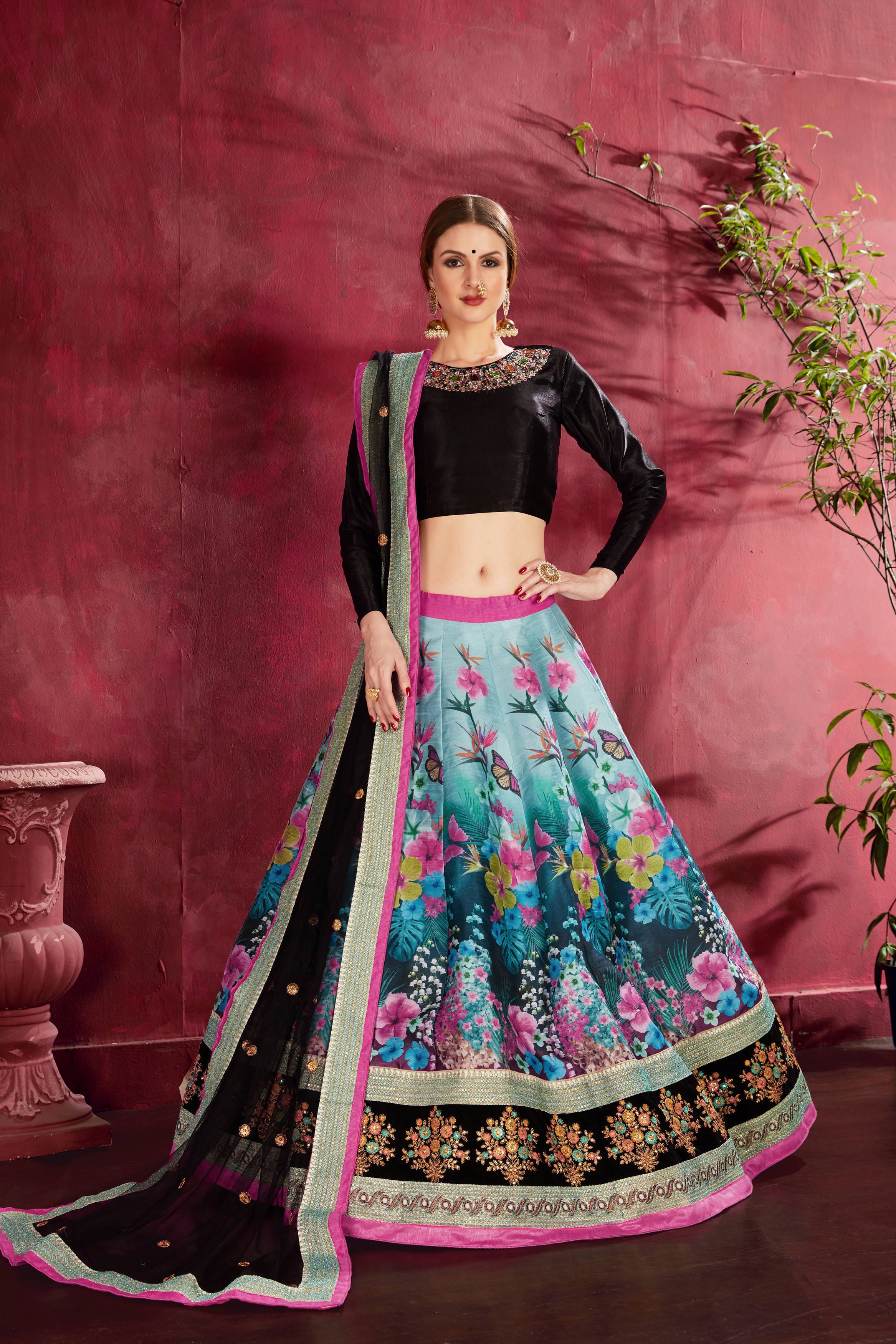 Black-Multicolor Floral Lehenga Choli with Intricate Embroidery and Diamond Neckline