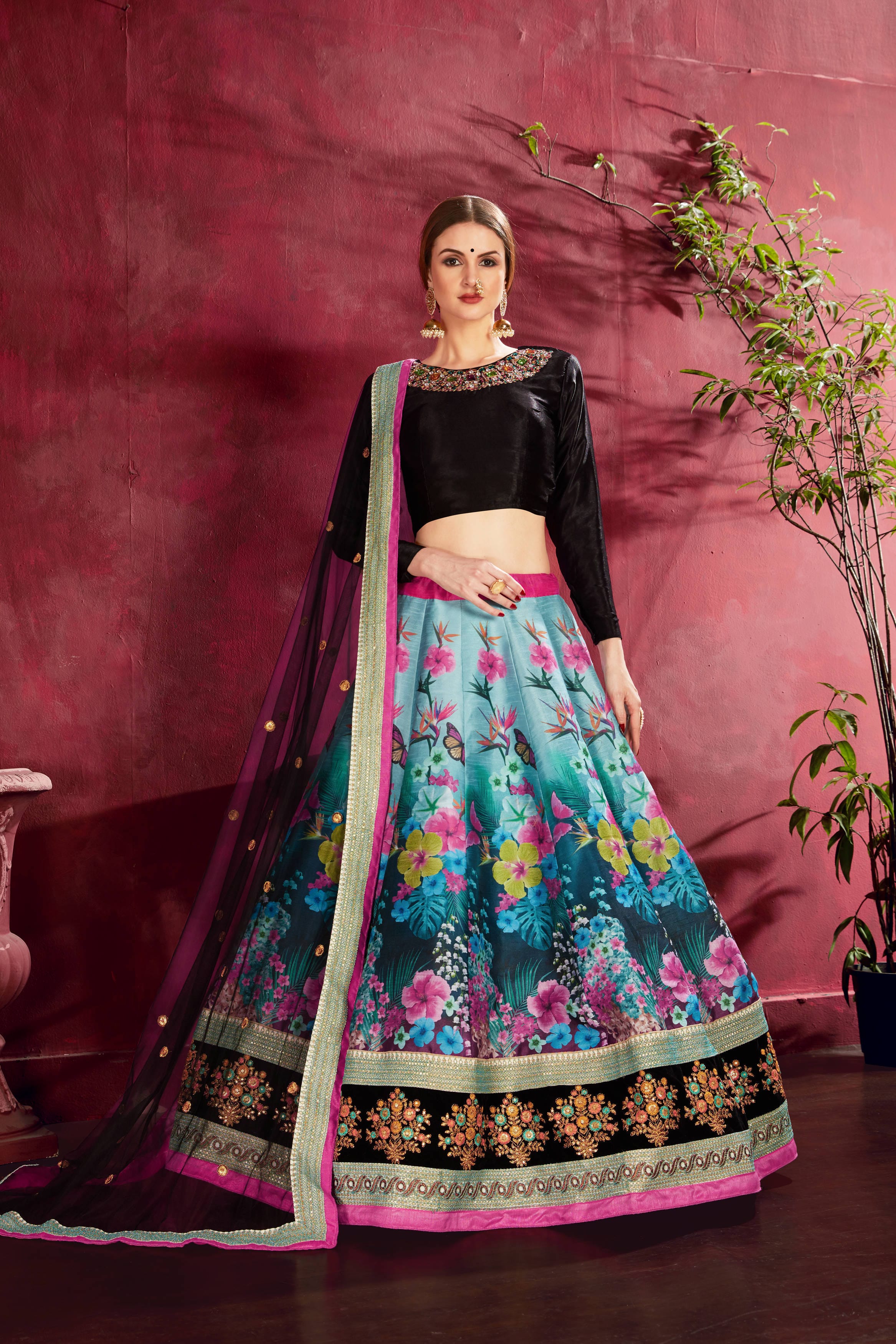 Black-Multicolor Floral Lehenga Choli with Intricate Embroidery and Diamond Neckline