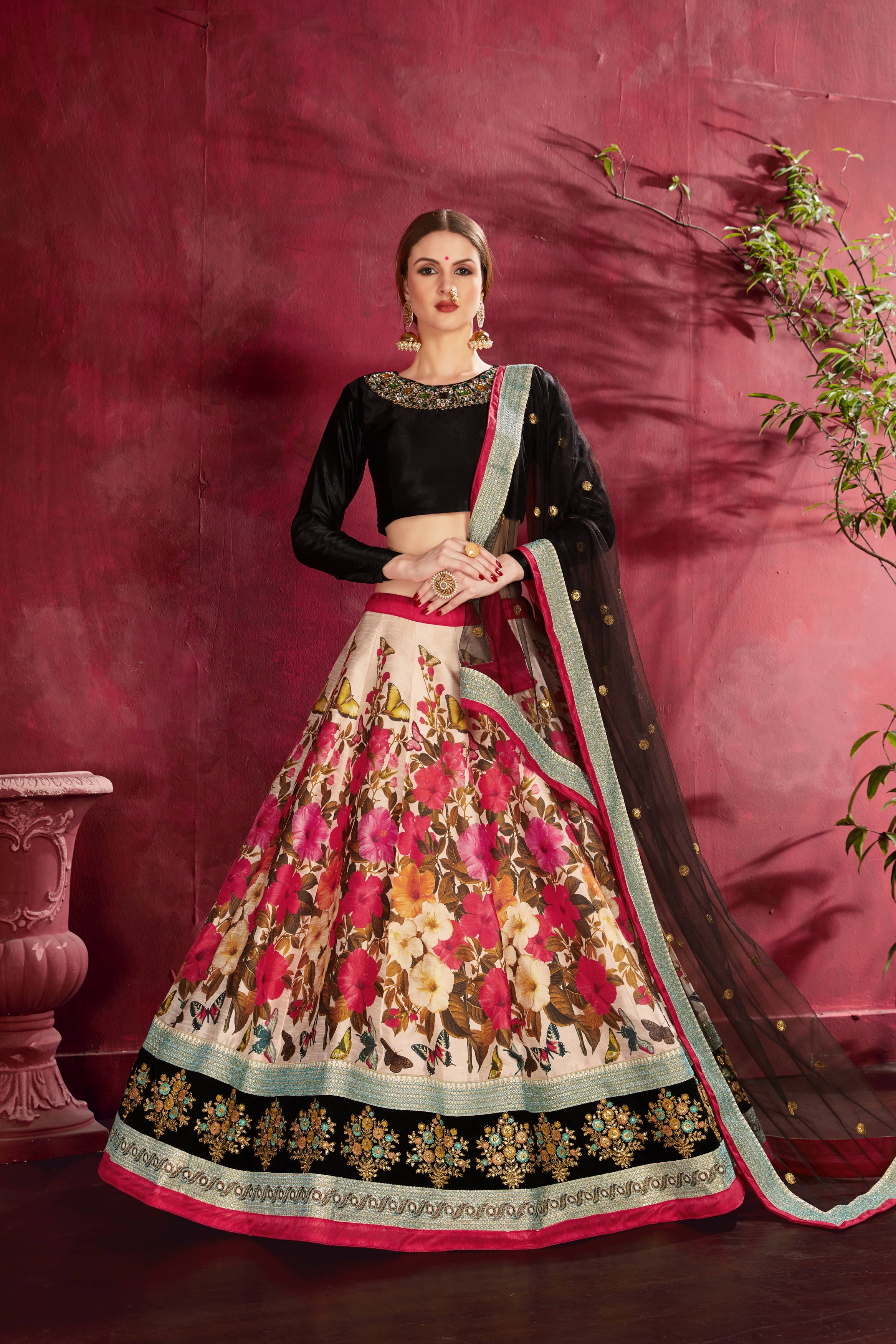 Elegant Black-Multicolor Floral Lehenga Choli with Intricate Embroidery and Diamond Neckline