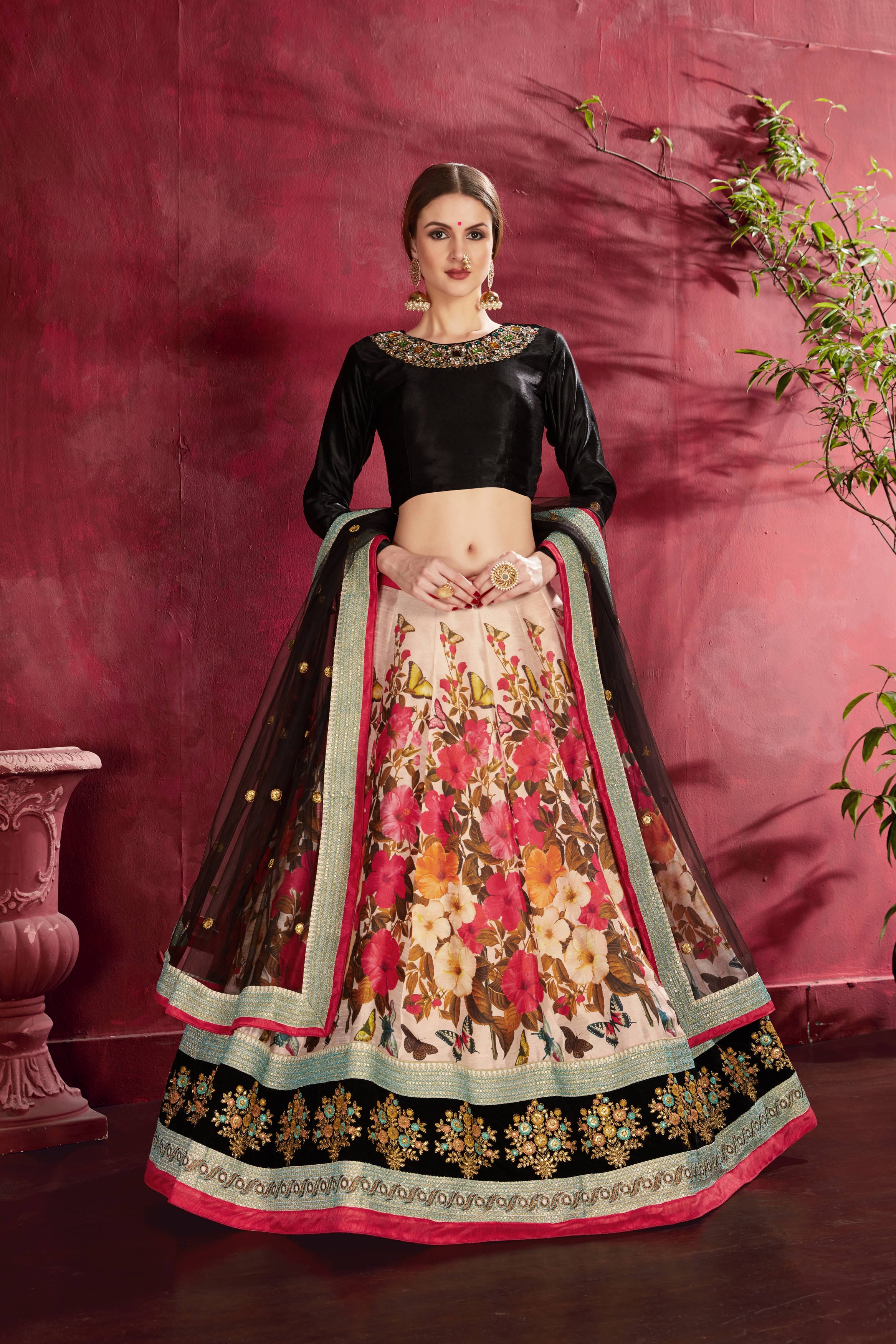 Elegant Black-Multicolor Floral Lehenga Choli with Intricate Embroidery and Diamond Neckline