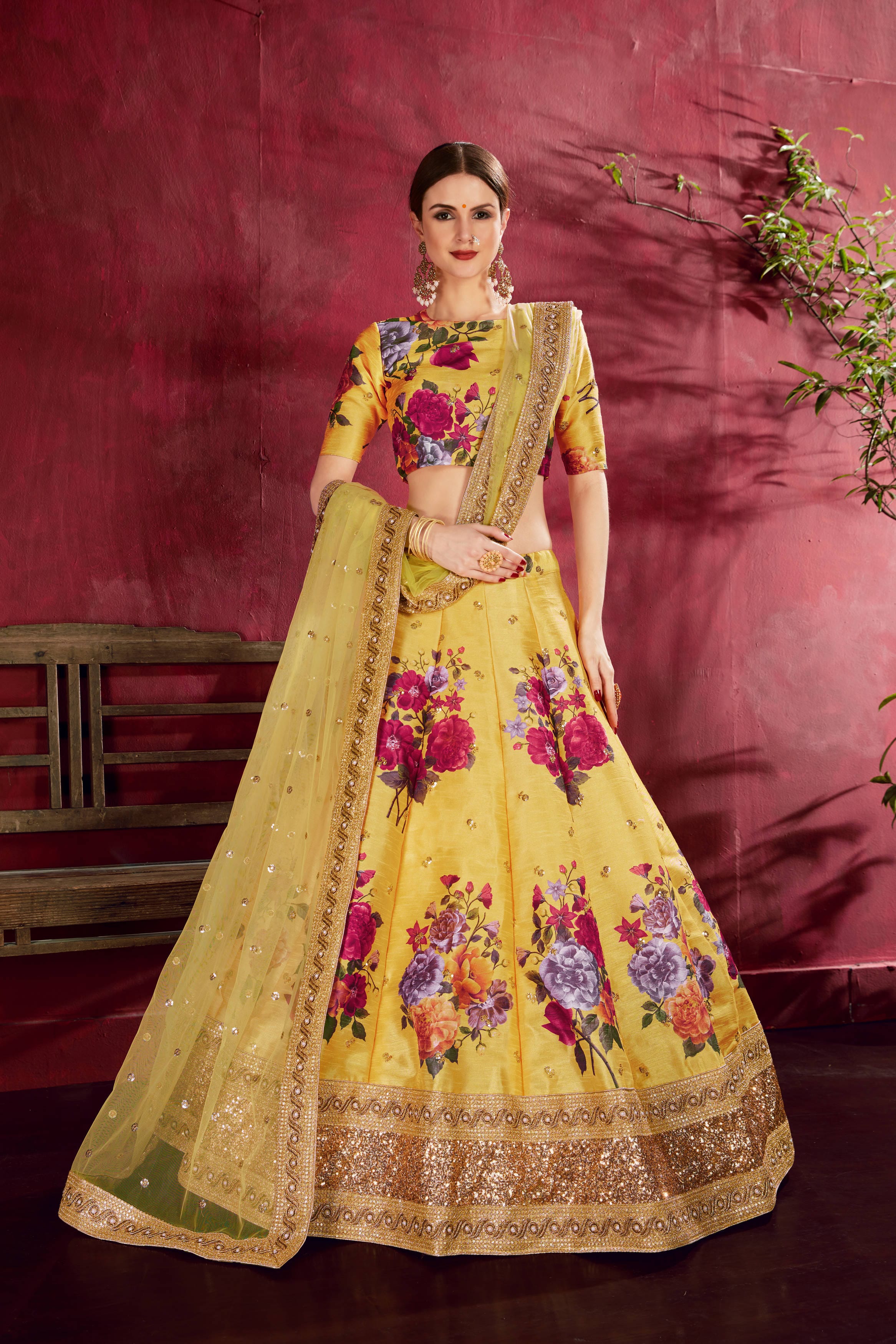 Sunshine Elegance: Yellow Floral Lehenga Choli with Zari Embroidery