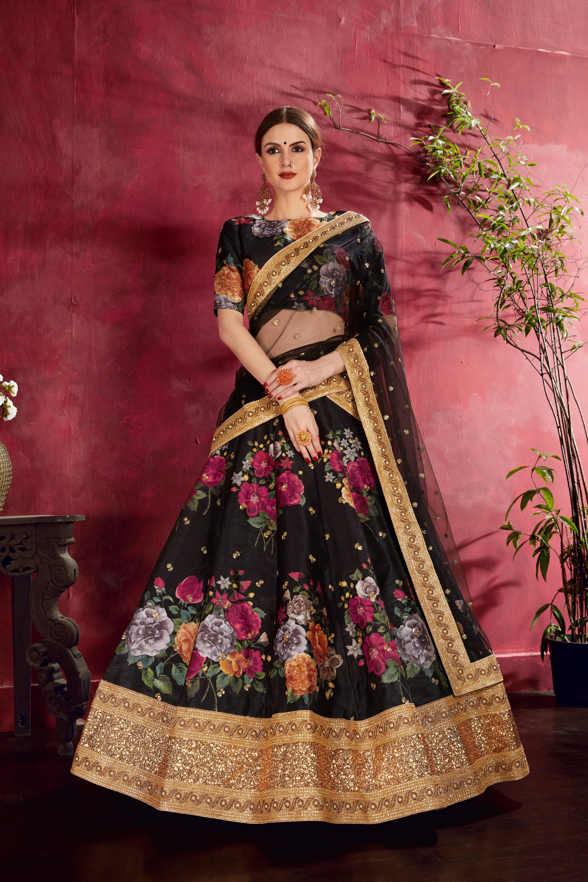 Exquisite Black Floral Lehenga Choli with Zari and Sequins Embroidery