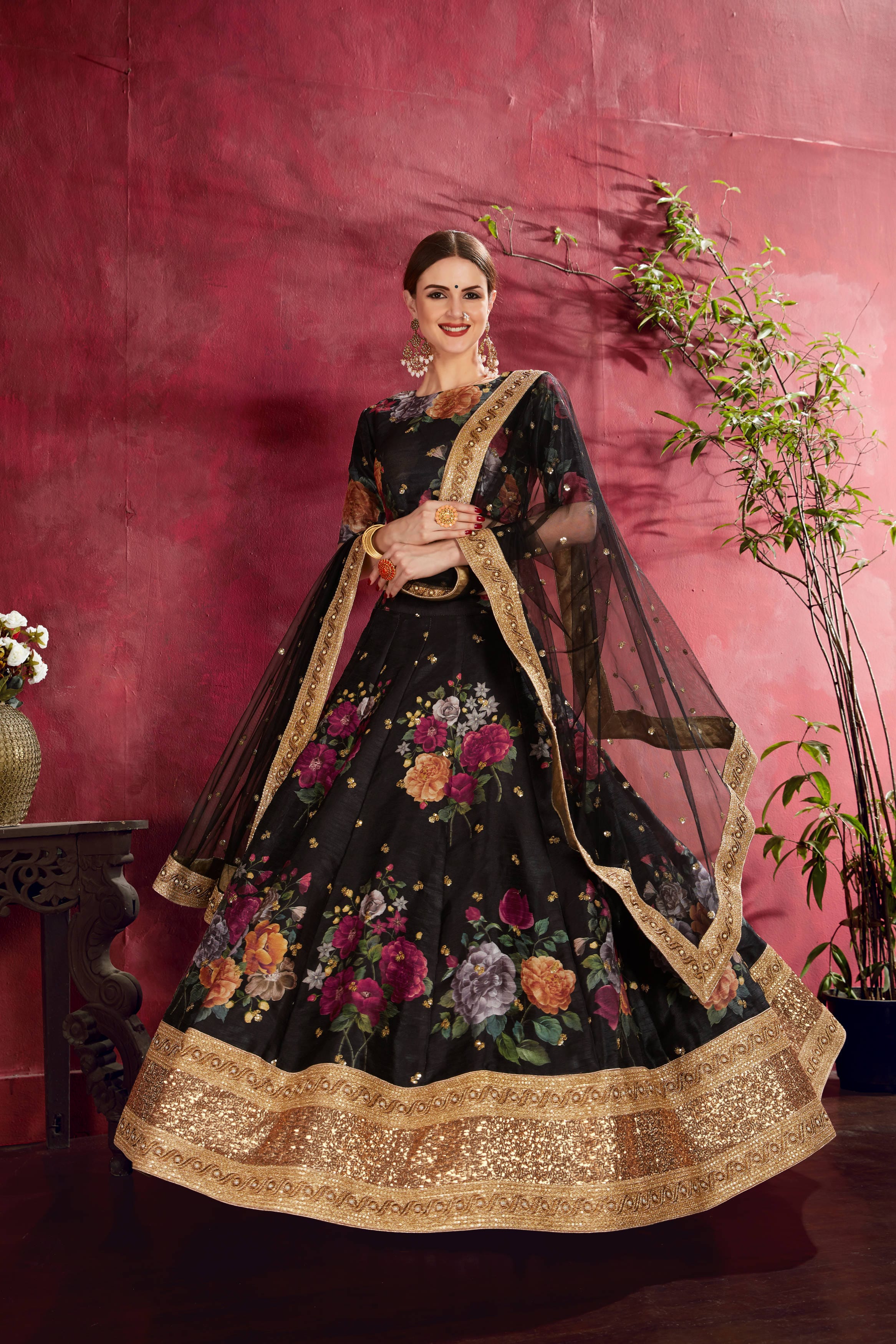 Exquisite Black Floral Lehenga Choli with Zari and Sequins Embroidery