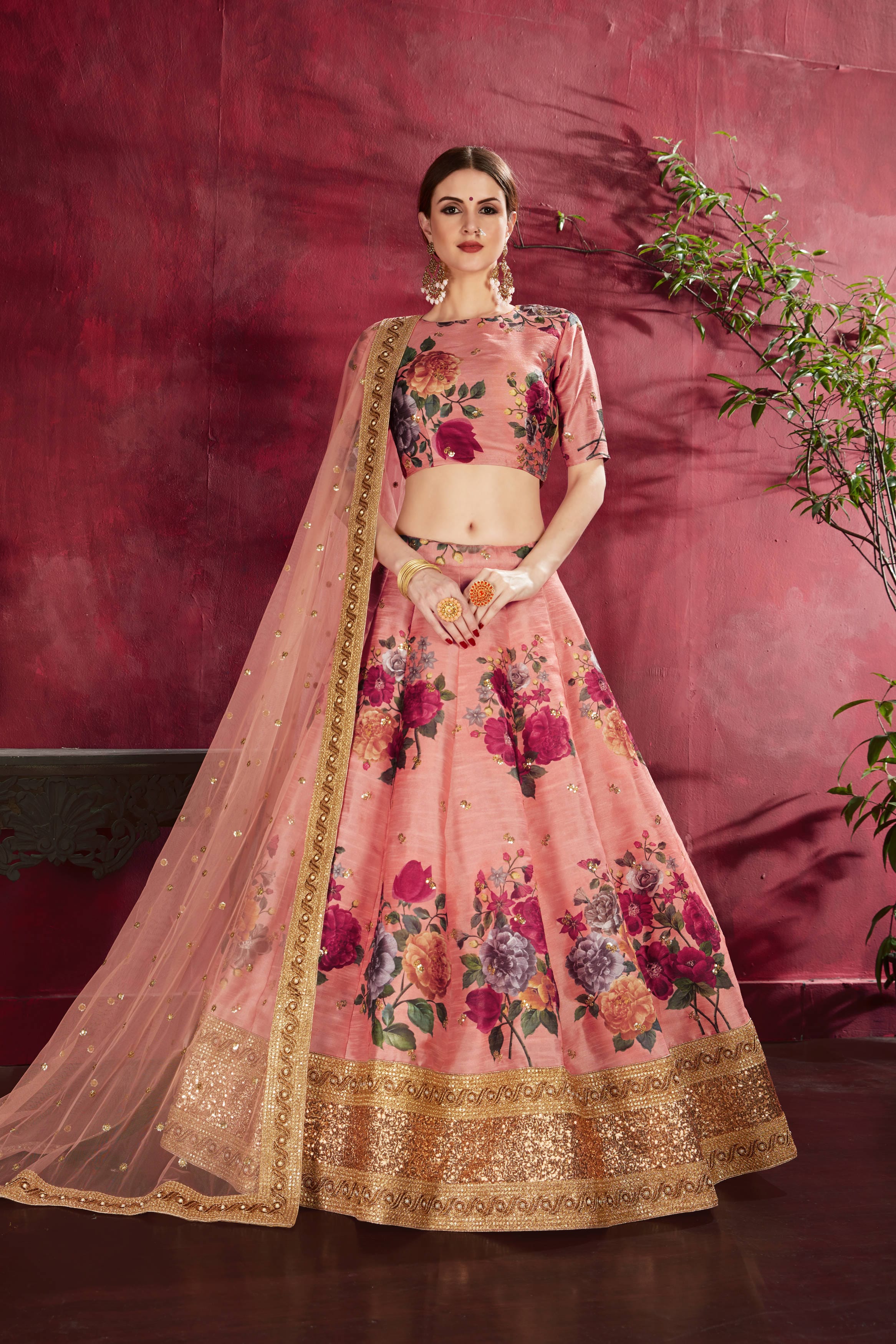 Peach Floral Elegance: Intricate Embroidered Lehenga Choli in Banglori Silk