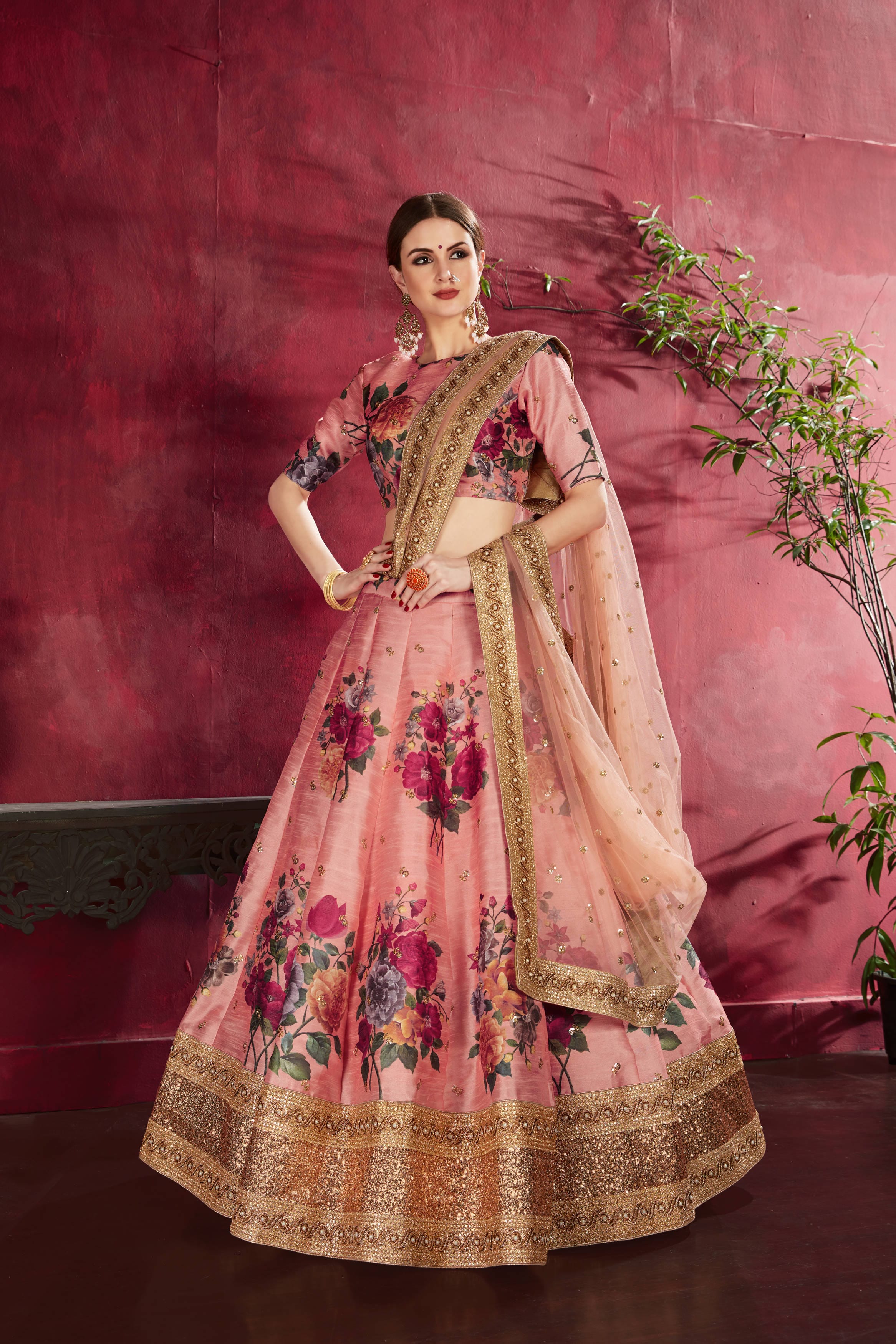 Peach Floral Elegance: Intricate Embroidered Lehenga Choli in Banglori Silk