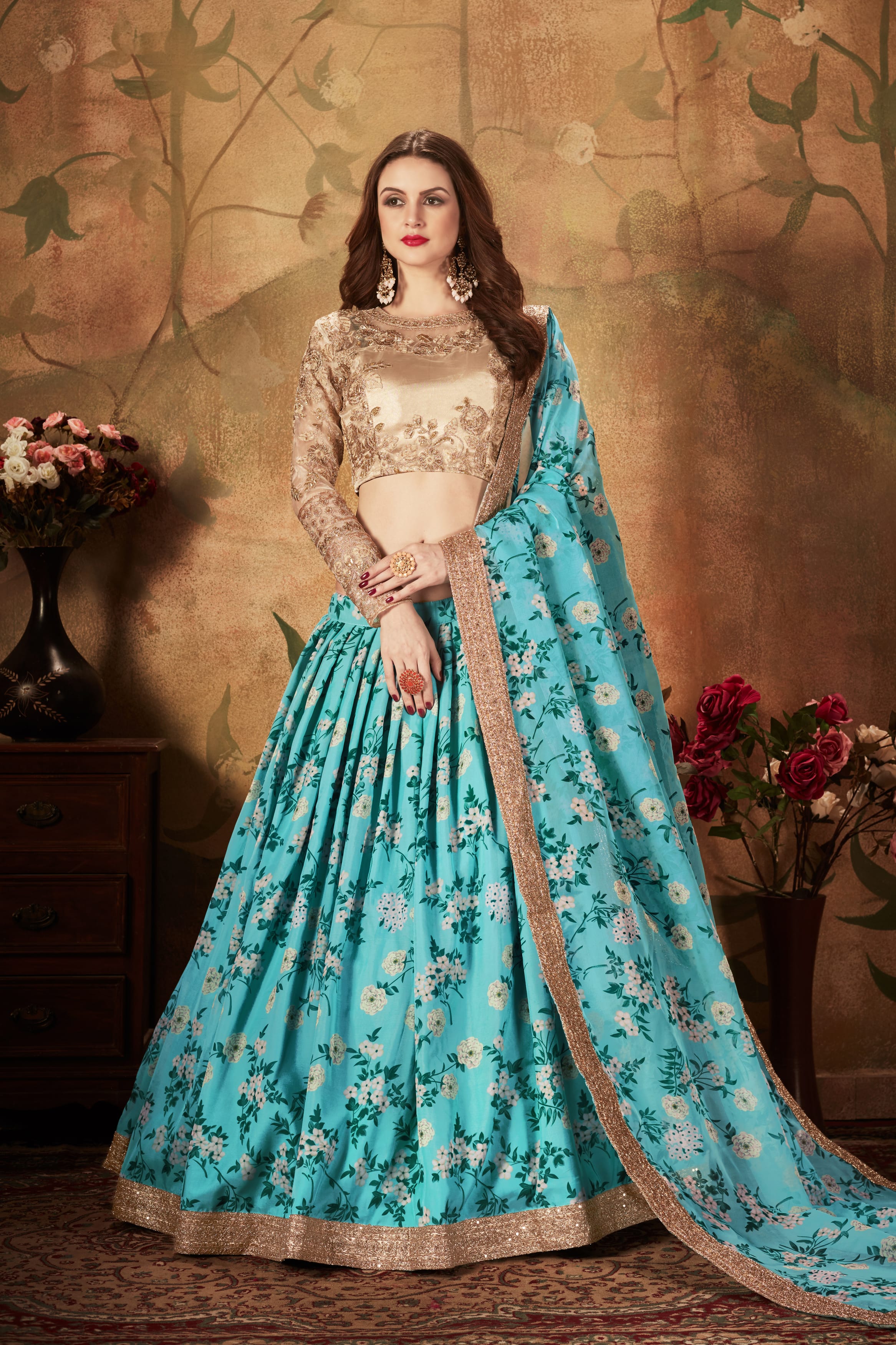 Ethereal Sky Blue and Beige Lehenga Choli: Digital Print & Embroidery