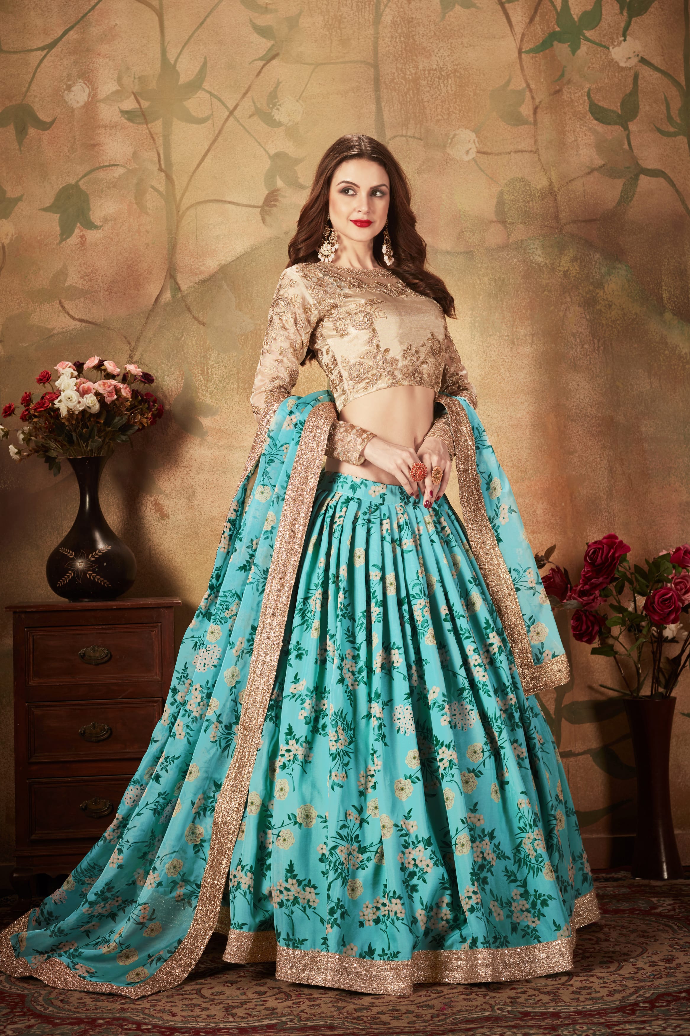 Ethereal Sky Blue and Beige Lehenga Choli: Digital Print & Embroidery