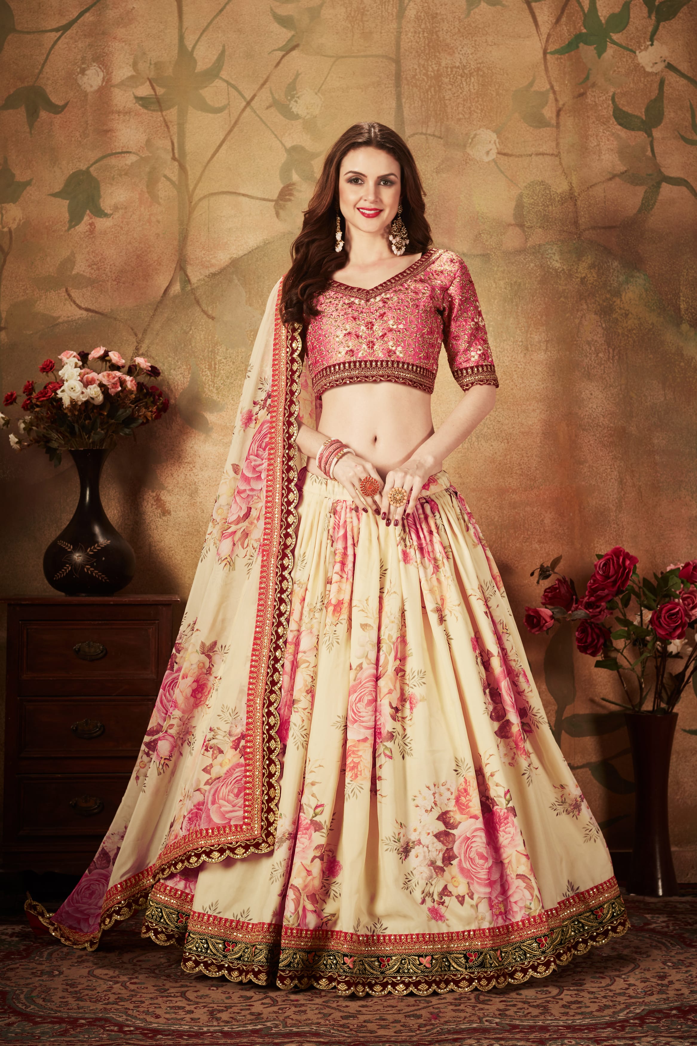 Elegant Beige and Peach Lehenga Choli with Digital Print & Exquisite Embroidery