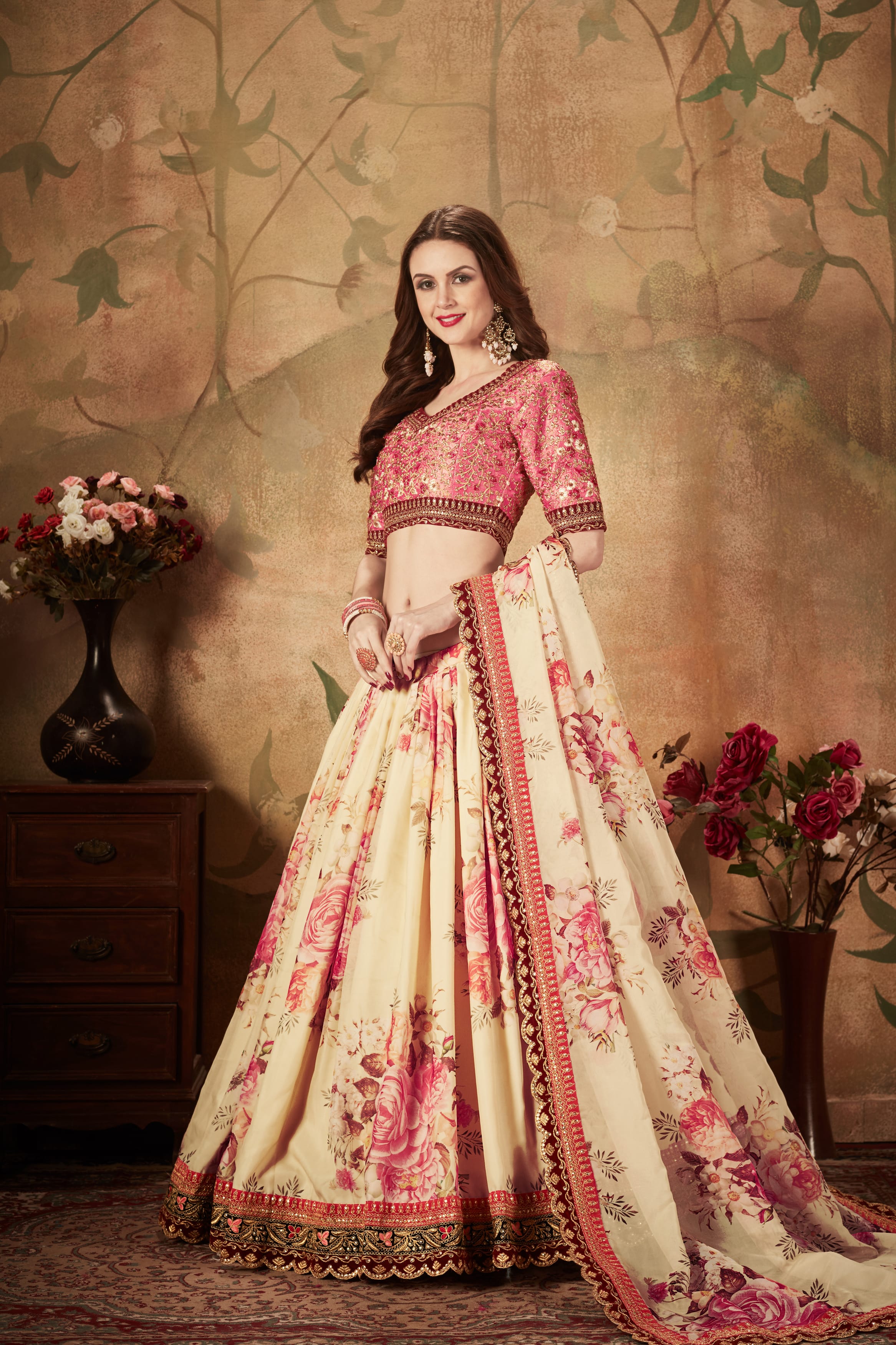 Elegant Beige and Peach Lehenga Choli with Digital Print & Exquisite Embroidery