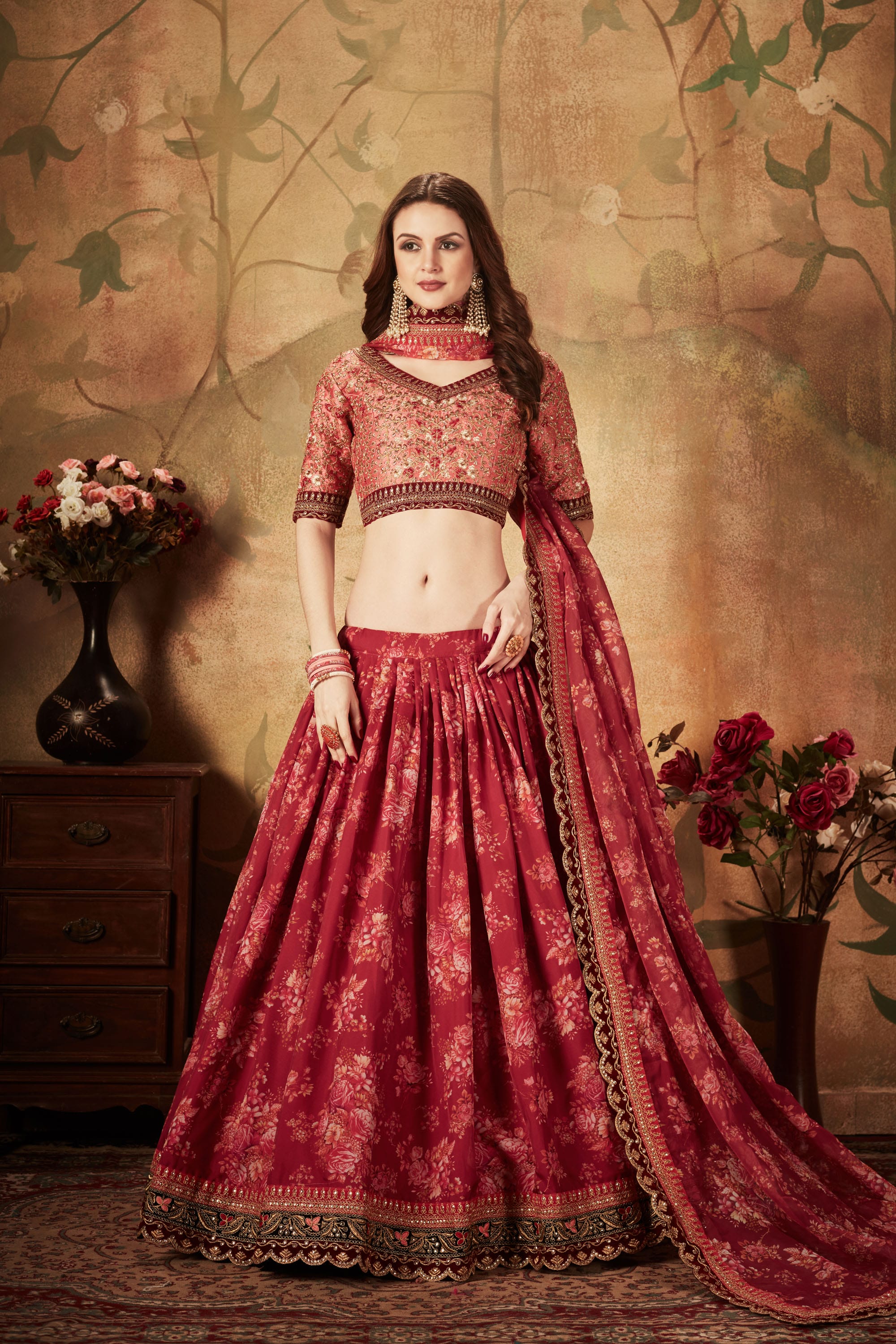 Maroon and Peach Digital Print Lehenga Choli with Embroidery