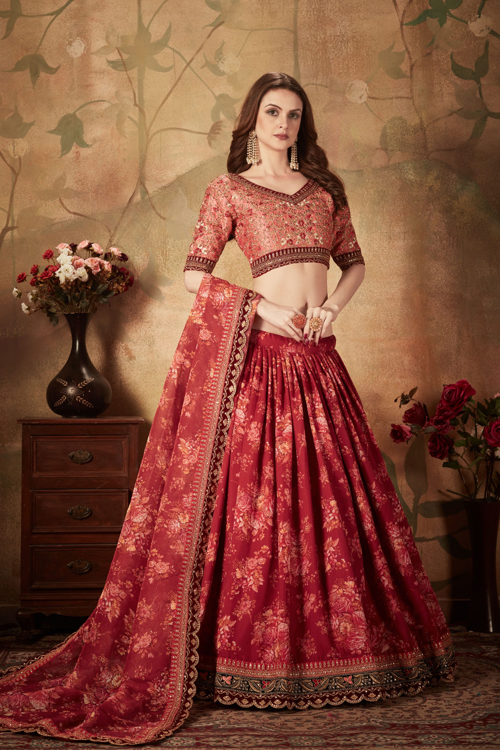 Maroon and Peach Digital Print Lehenga Choli with Embroidery