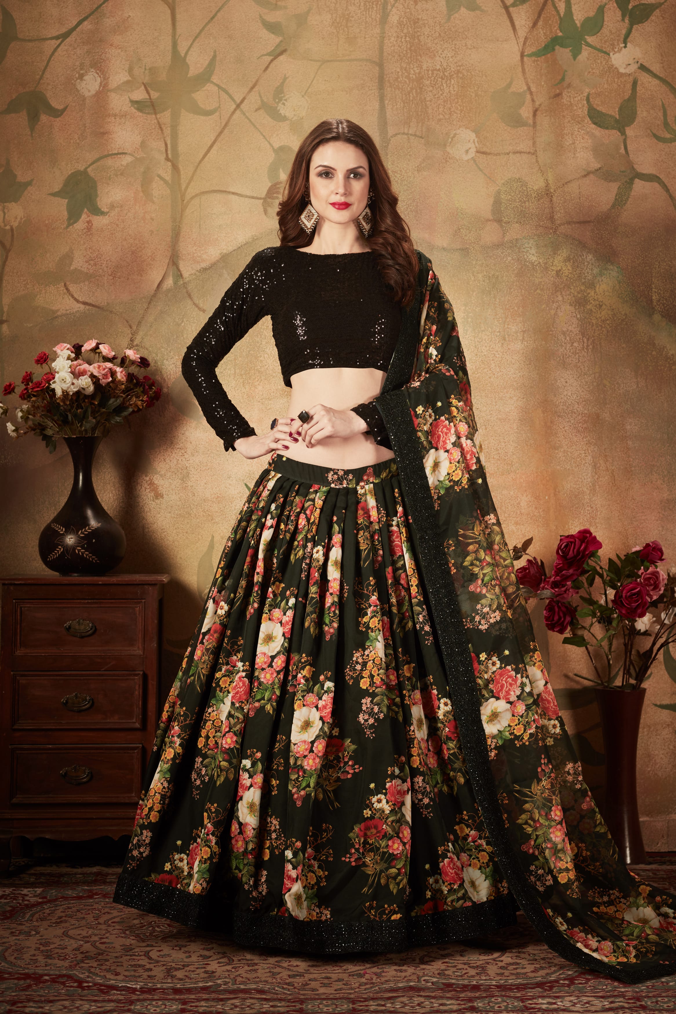 Elegant Black Digital Print Lehenga Choli with Exquisite Embroidery